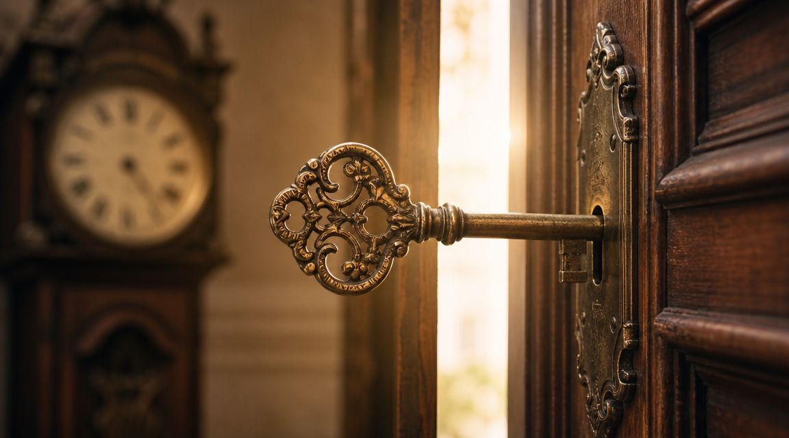 An ornate antique key inserted into an old wooden door lock with a grandfather clock in background.