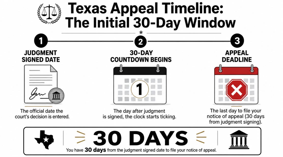 A visual timeline infographic explaining the 30-day deadline for filing an appeal in Texas courts.