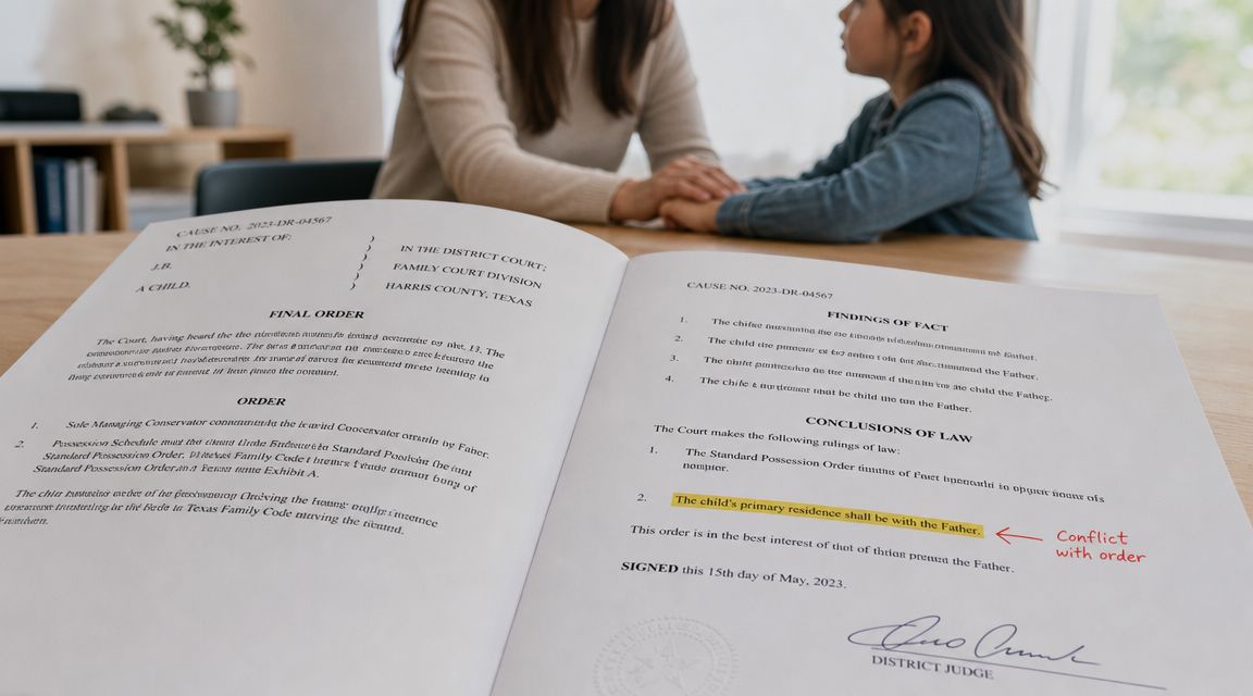 A legal document titled Final Order sits on a wooden table with a mother and child nearby.