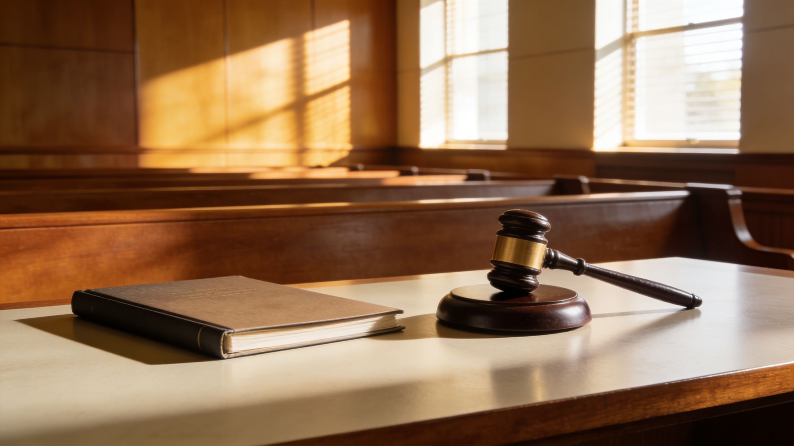 A wooden gavel and a law book resting on a judge's bench inside a courtroom.