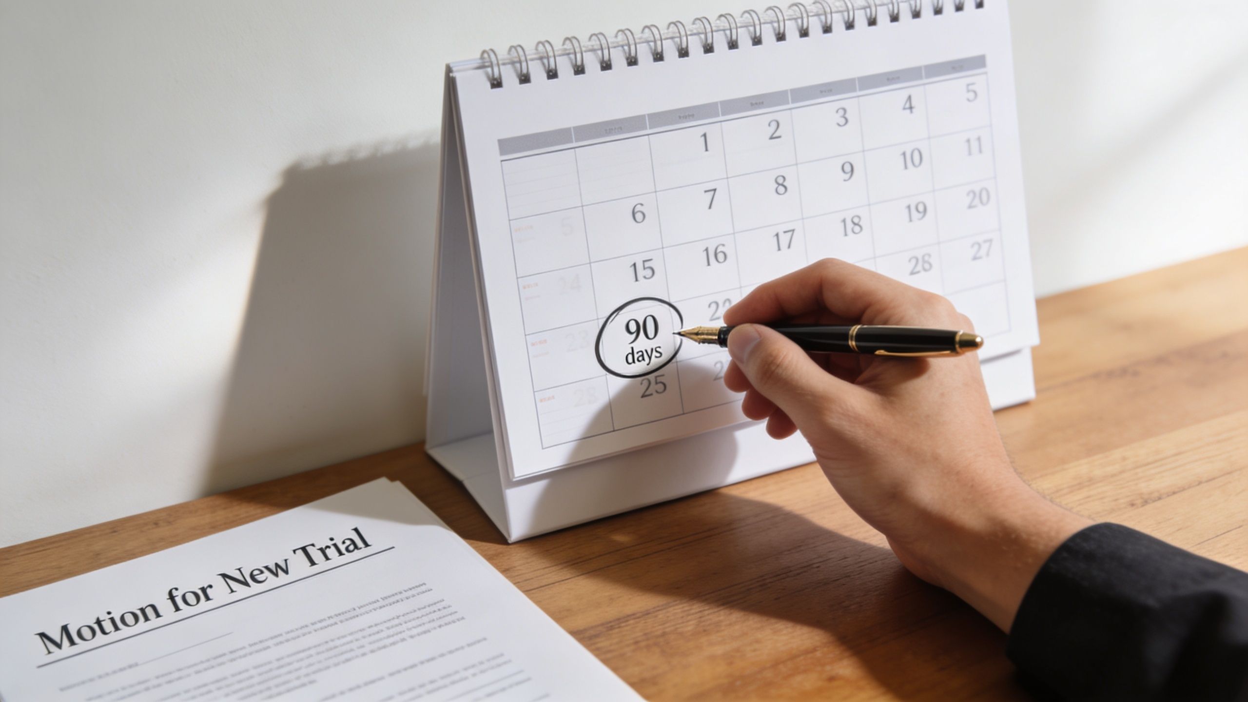 A hand holding a pen points to a calendar marked with 90 days next to a legal document.
