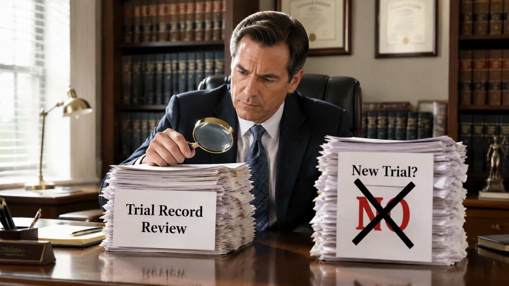 A serious lawyer examines a stack of legal documents labeled for review in his law office.