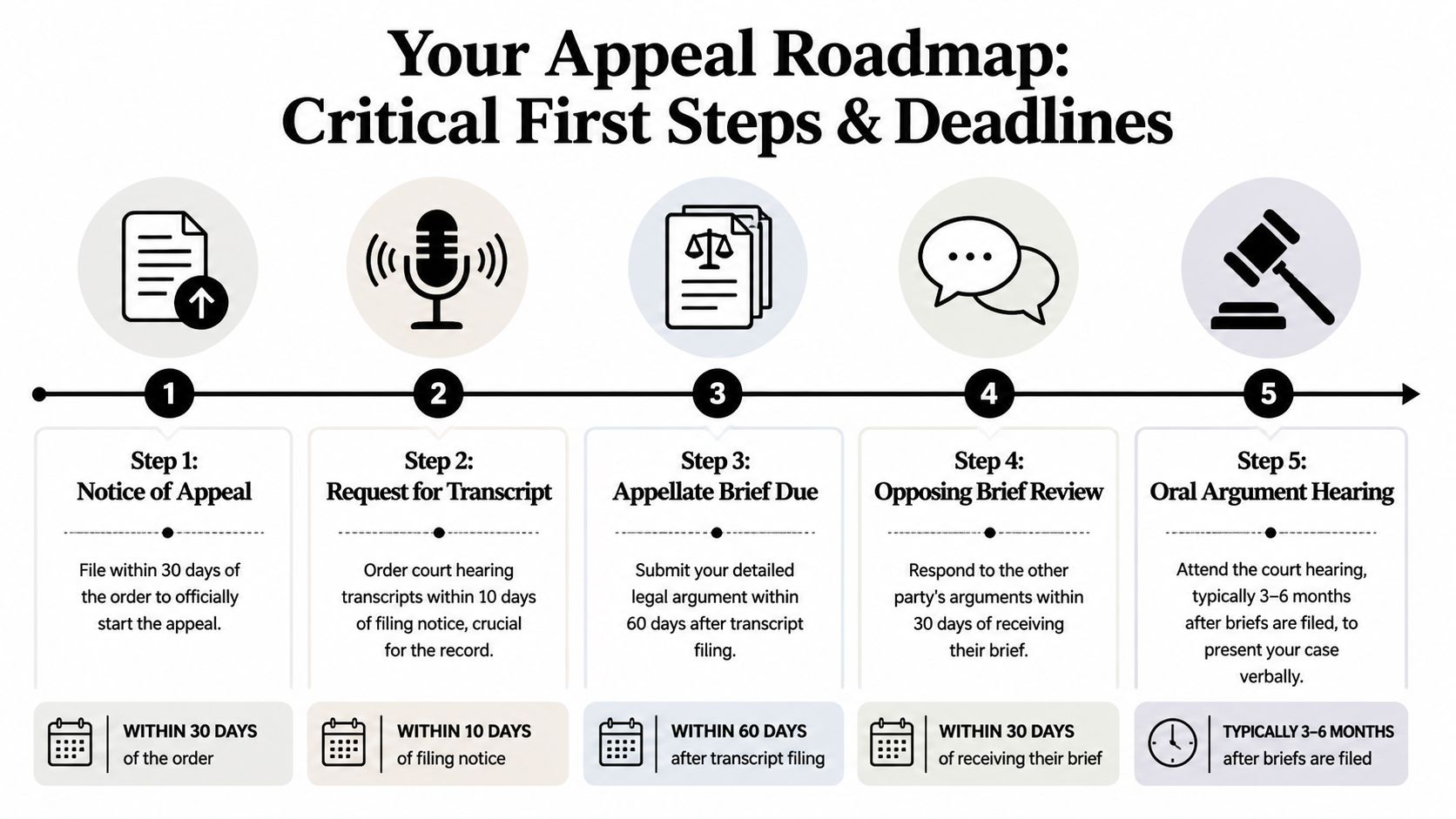 An infographic detailing the five-step process and deadlines for filing and managing a legal court appeal.