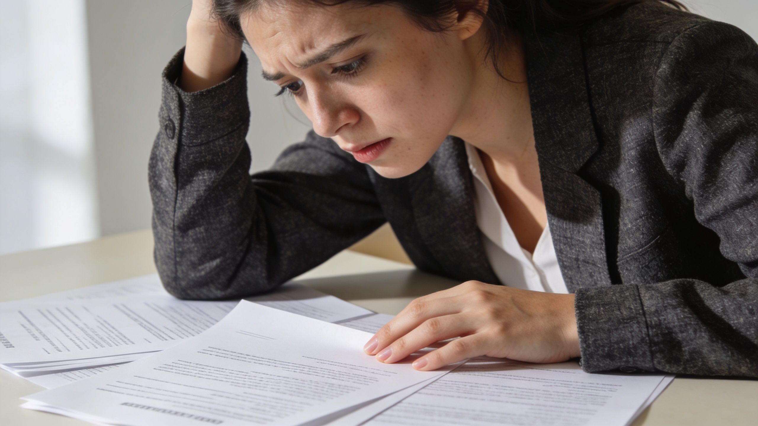 A distressed woman in business attire sits at a desk reviewing legal documents with a worried expression.