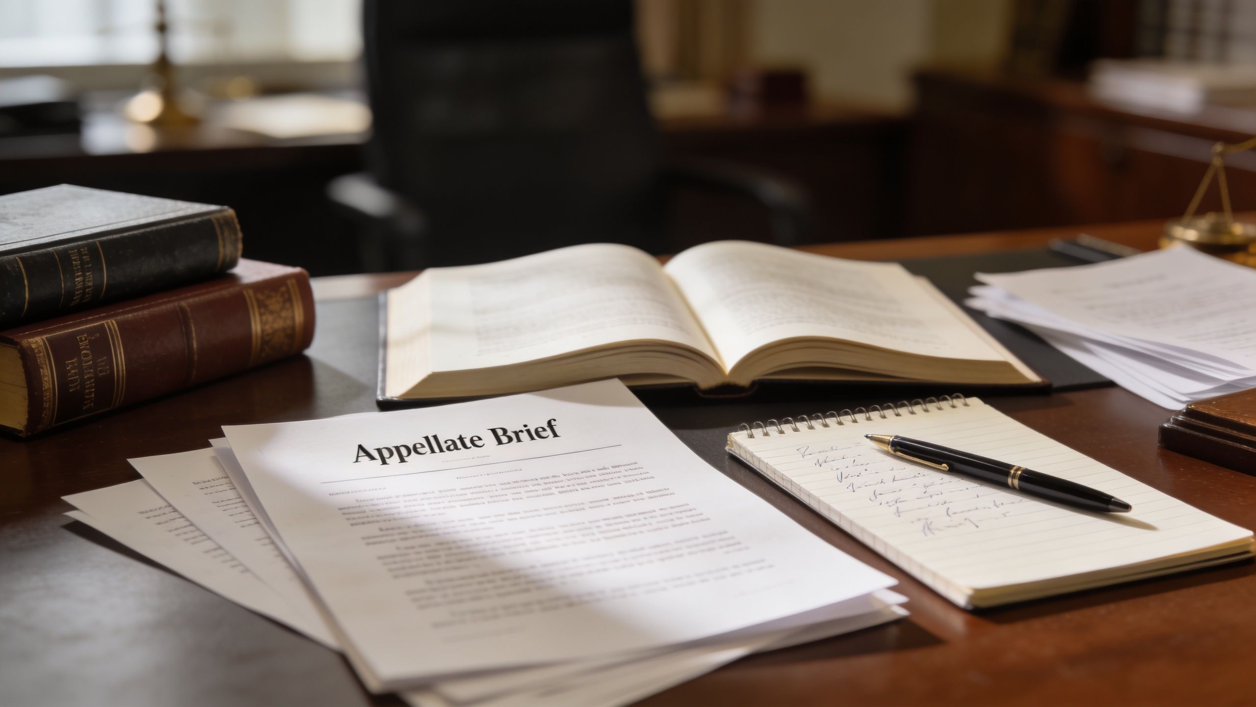 An appellate brief legal document sits on a wooden desk with law books and a notepad.
