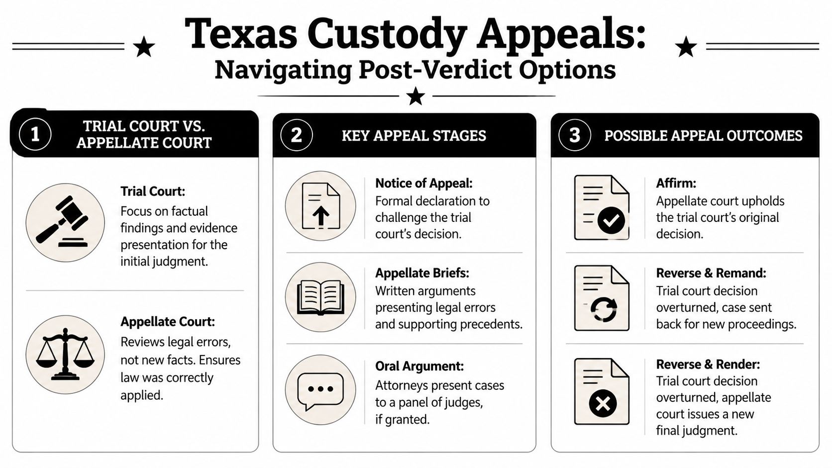 An infographic titled Texas Custody Appeals, explaining trial courts, appellate stages, and potential legal outcomes for parents.