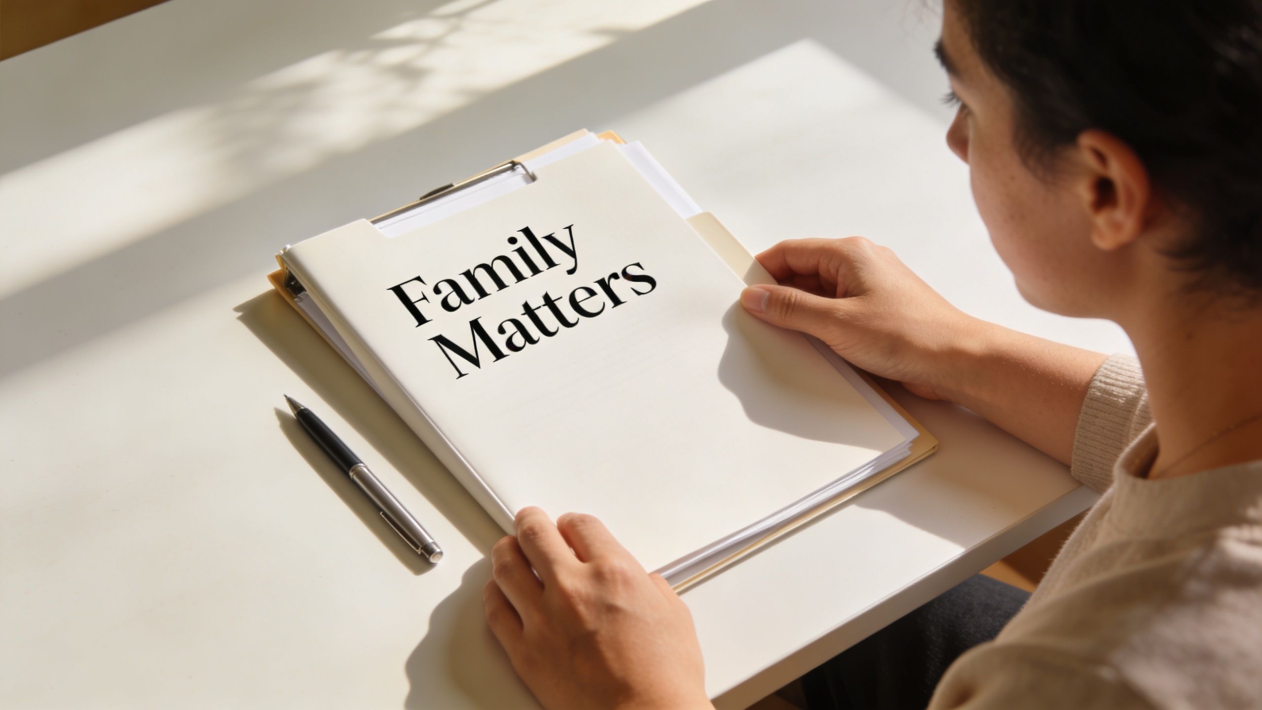A person looks at a document titled Family Matters placed on a desk with a pen nearby.