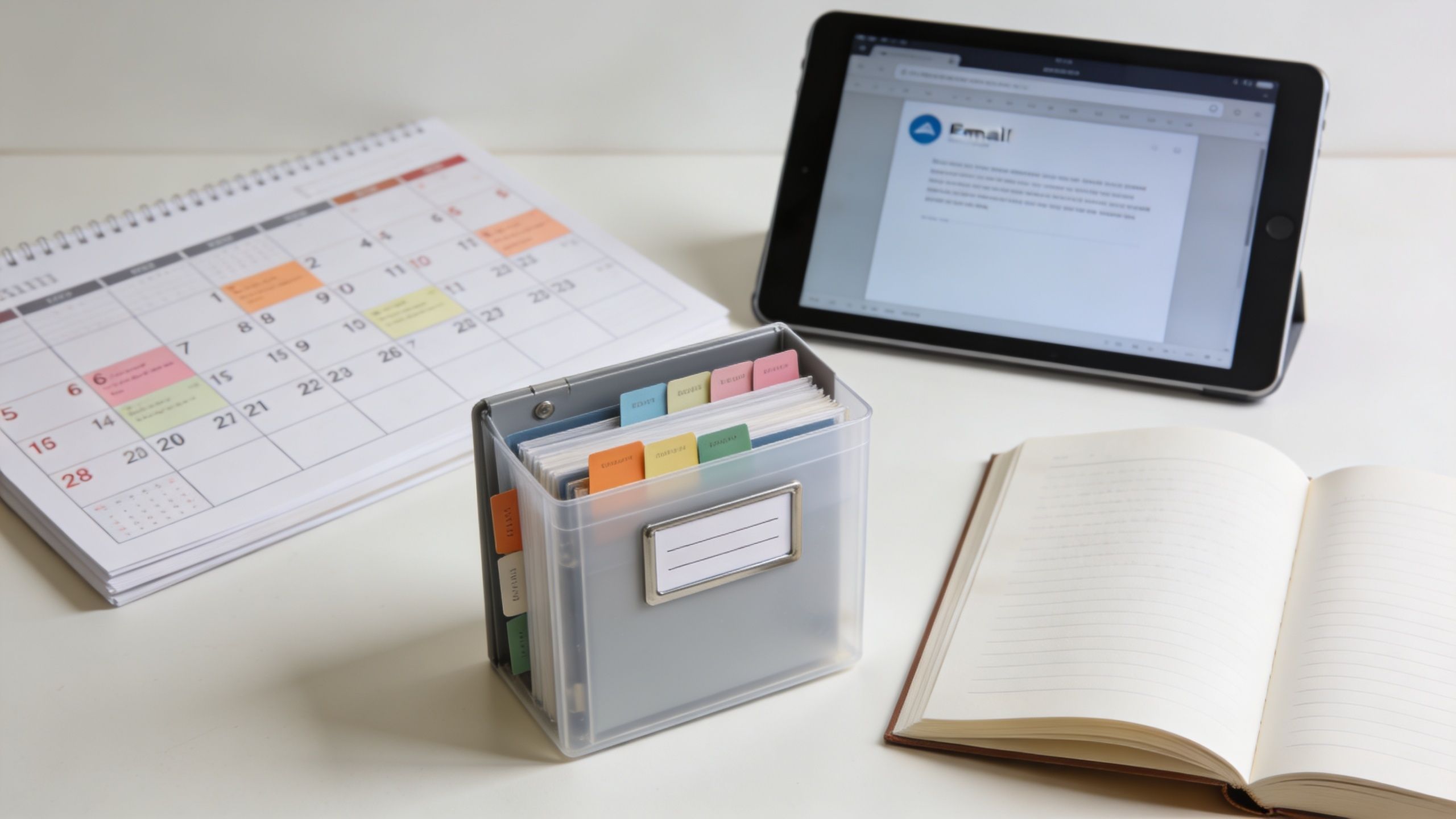 A clean desk workspace featuring a calendar, a file organizer box with colored tabs, and an open notebook.