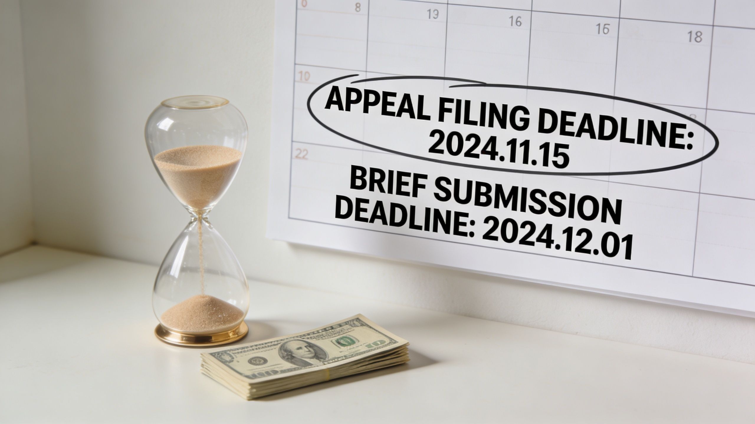 An hourglass, a stack of US dollar bills, and a calendar with legal deadlines for appeals.