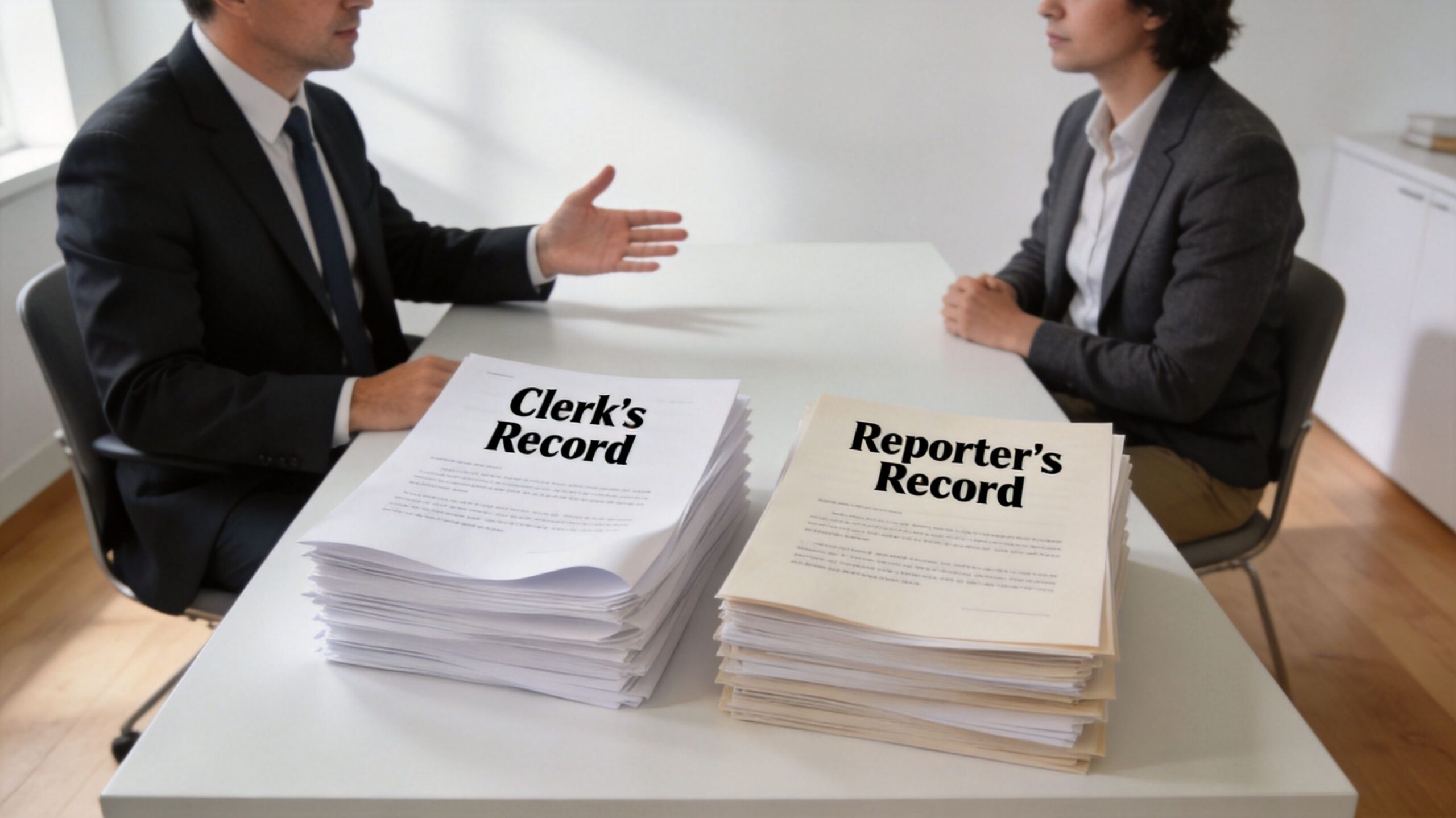 Two legal professionals sitting at a table with stacks of Clerk's Record and Reporter's Record documents.
