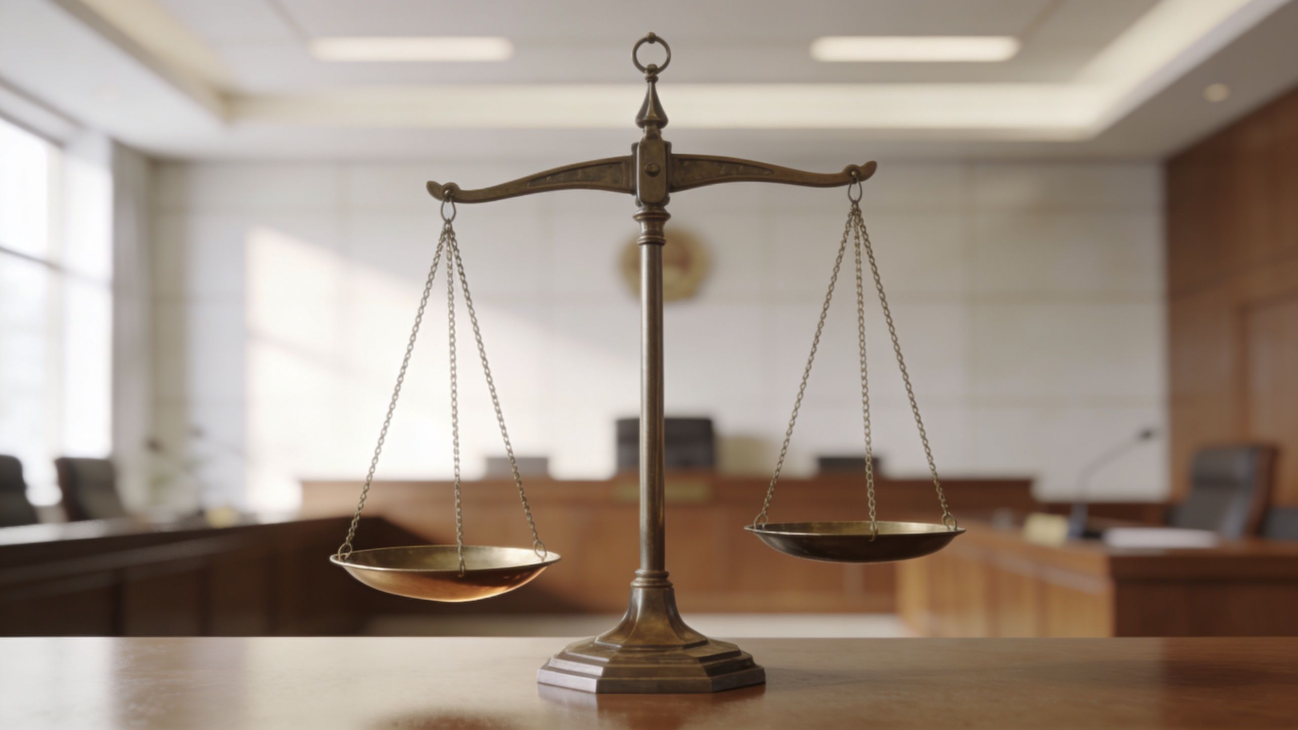 A close-up view of a classic brass scale of justice sitting on a wooden courtroom desk.