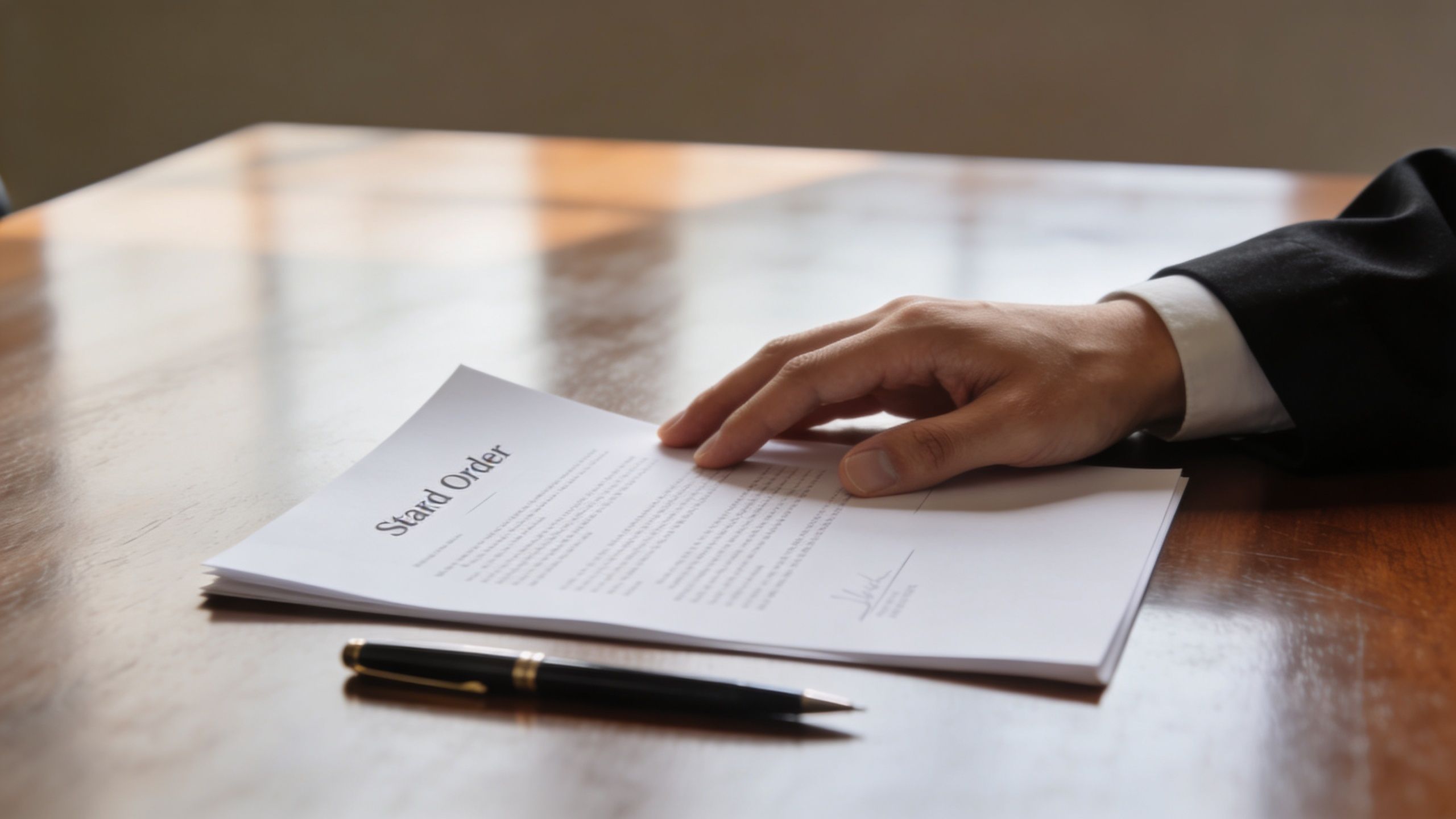 A professional in a suit placing their hand on a legal document on a wooden office desk.
