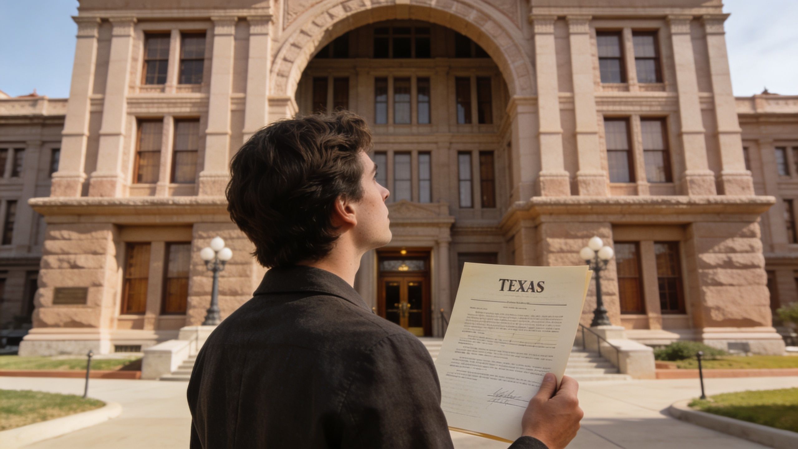 A young man holding a Texas document in front of a historic government building.
