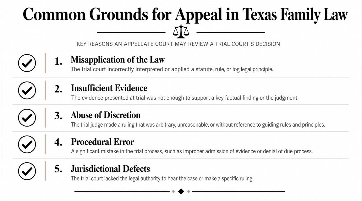 A list of five common grounds for appeal in Texas family law cases displayed as an infographic.
