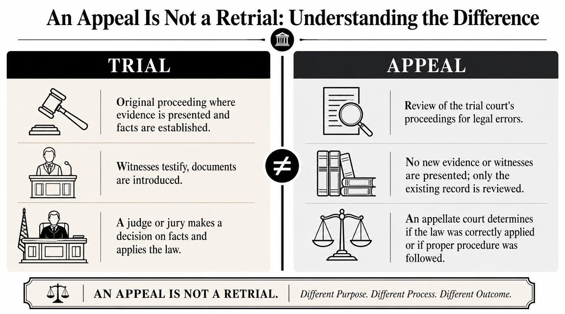 A comparison infographic explaining that a legal appeal is not a retrial, showing trial and appellate procedures.