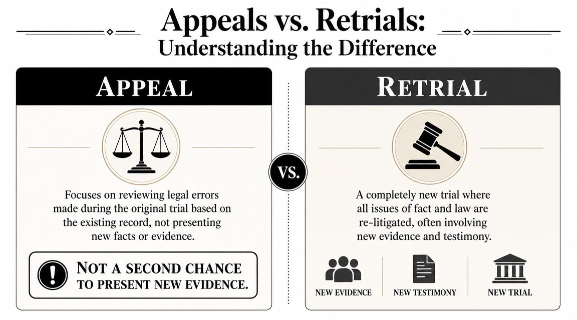 A legal infographic comparing an appeal and a retrial with definitions and key characteristics highlighted.