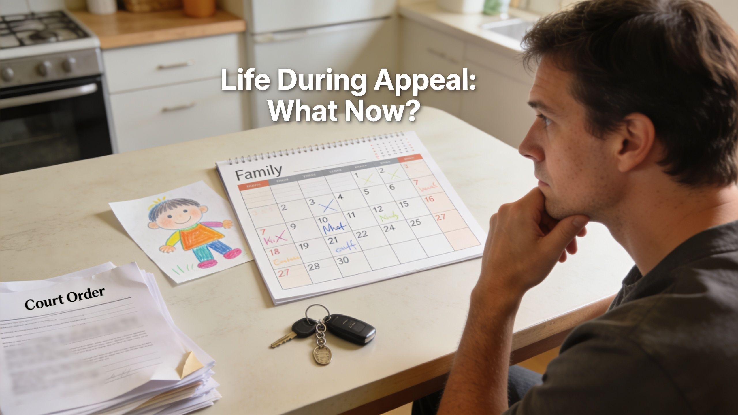 A man sits at a kitchen table looking at a calendar, court documents, and a child's drawing.