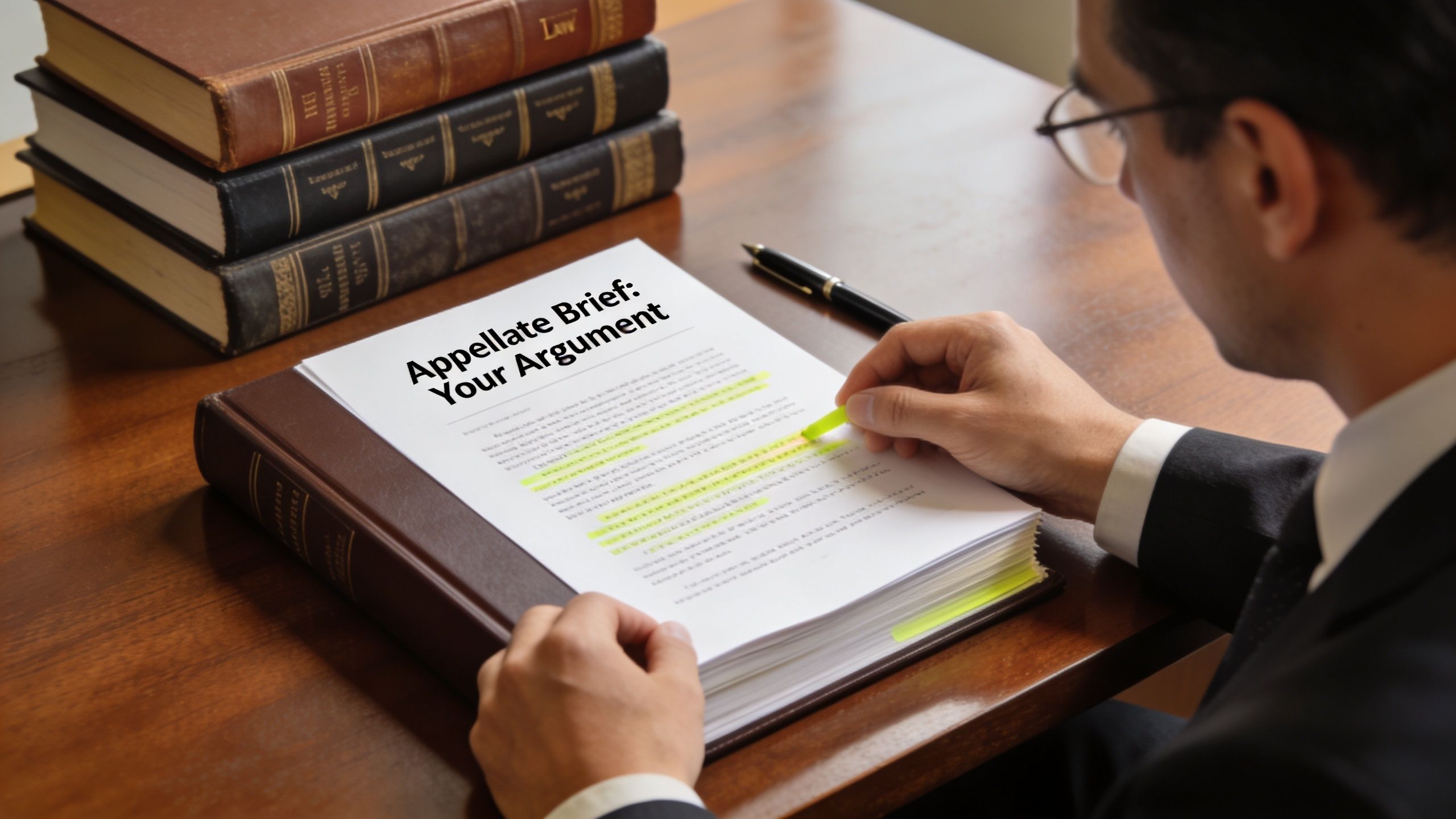 A professional lawyer reviewing and highlighting important details on an appellate brief document at a desk.
