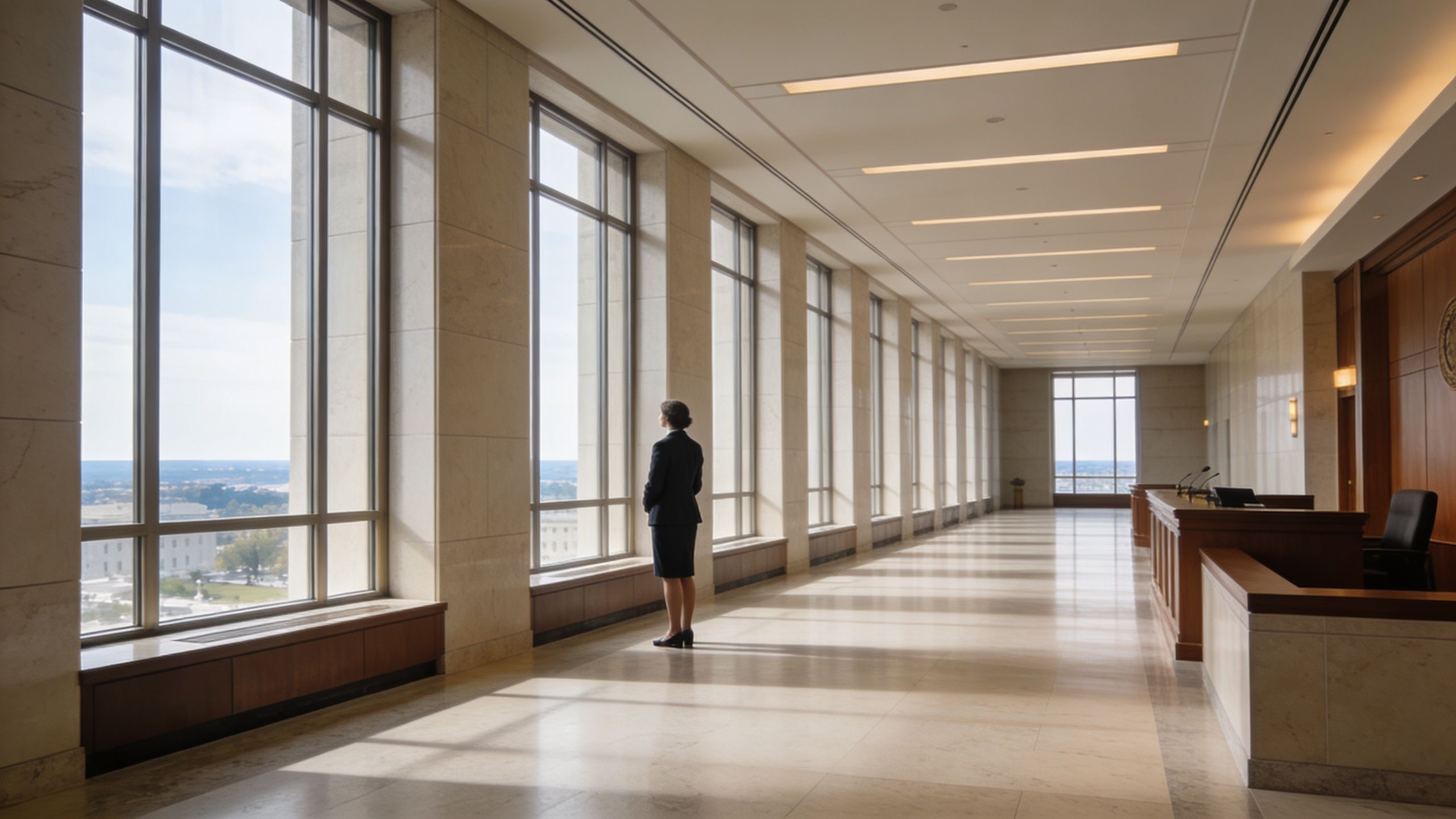 A professional woman in a suit stands in a long, sunlit hallway, gazing out of large courtroom windows.