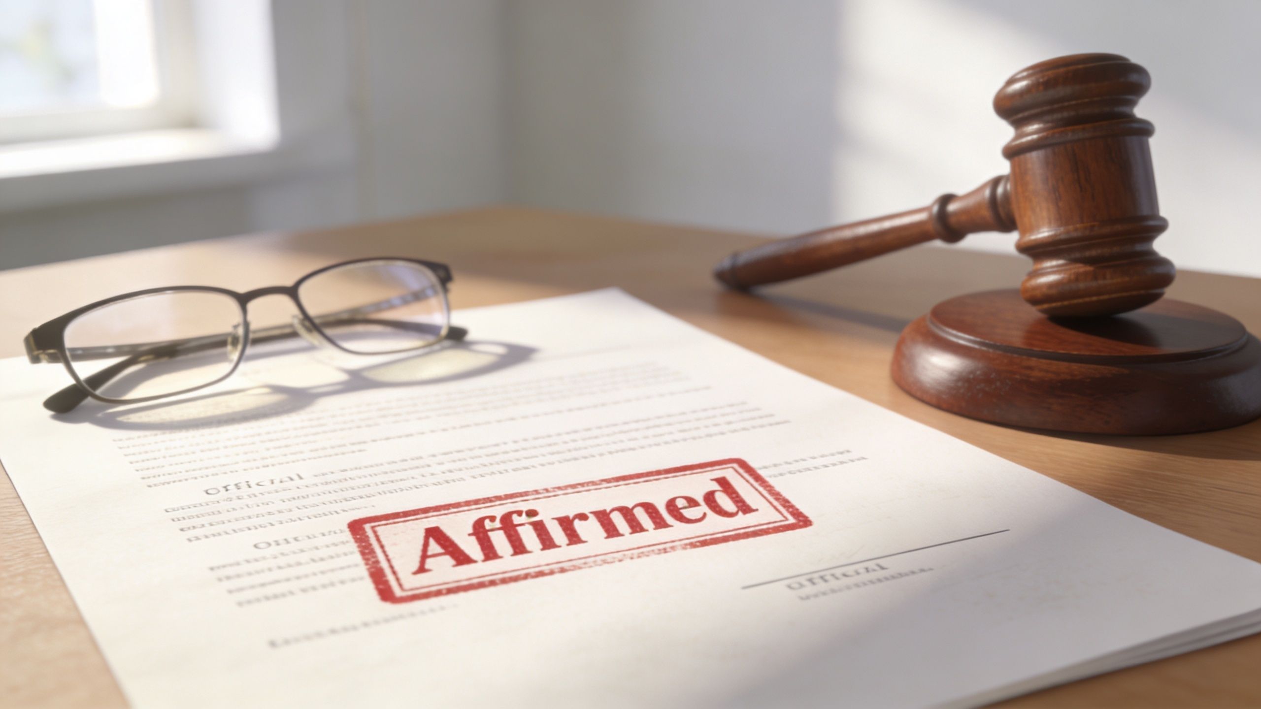 A gavel rests on a wooden table next to a document stamped with the word Affirmed.