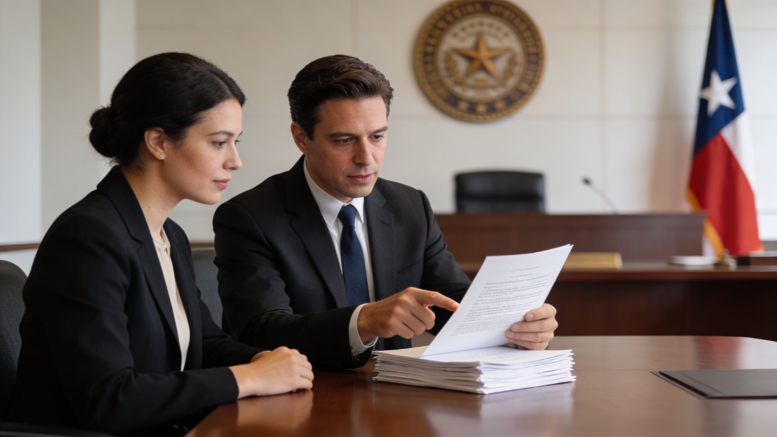 A professional man and woman in suits reviewing legal documents together in a courtroom setting.