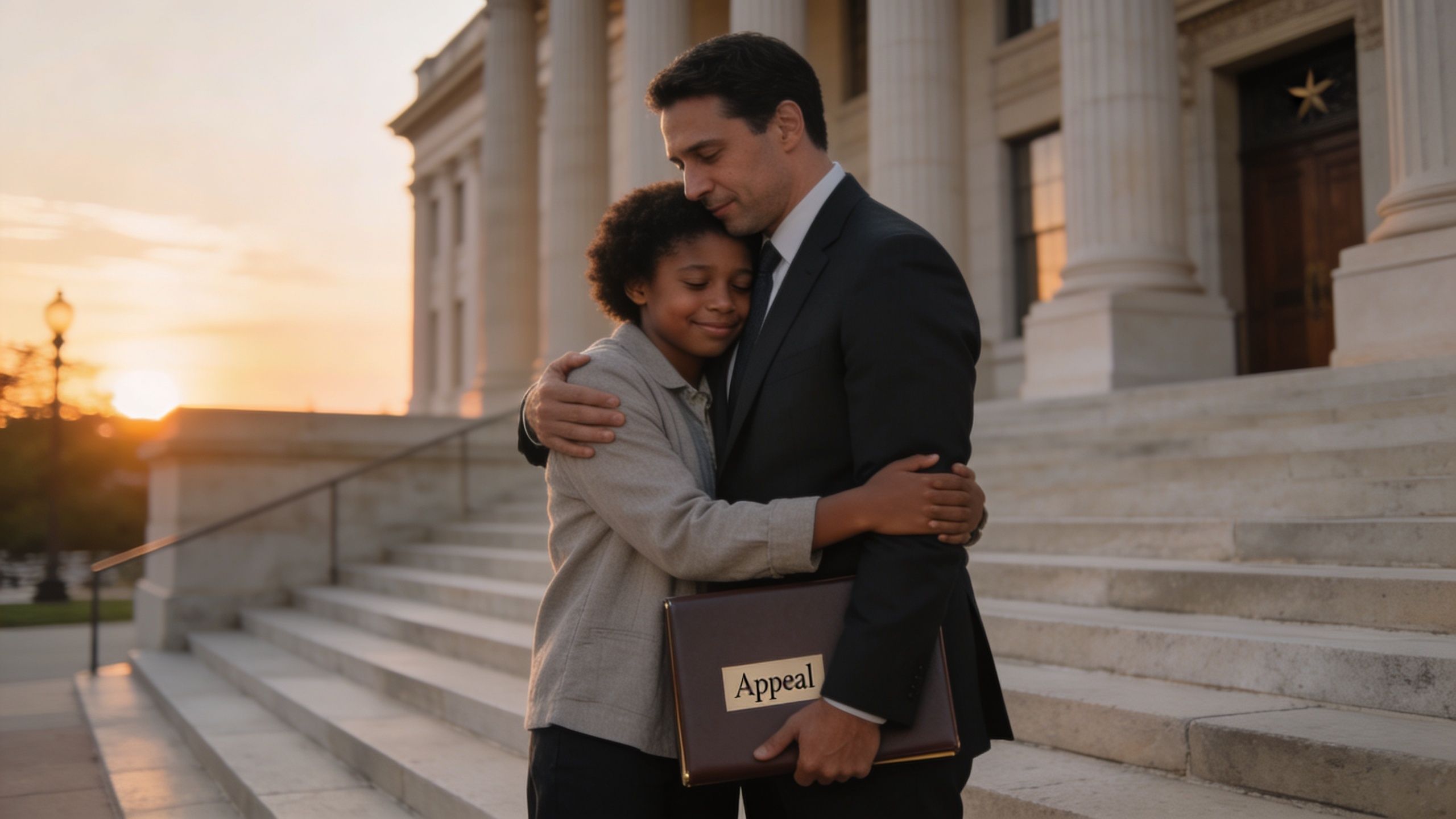 A father and child embrace affectionately outside a courthouse, holding a document labeled Appeal at sunset.