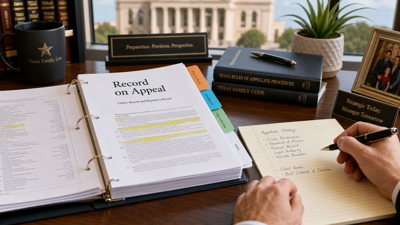 A professional desk featuring a Record on Appeal binder and notes about Texas family law appellate strategy.