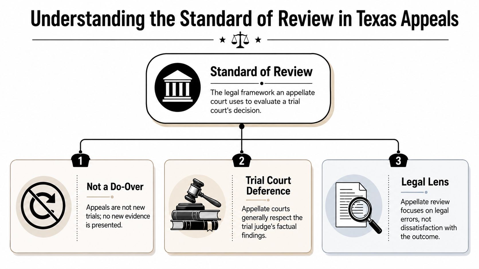 An infographic explaining the standard of review in Texas appeals, highlighting three key legal principles.