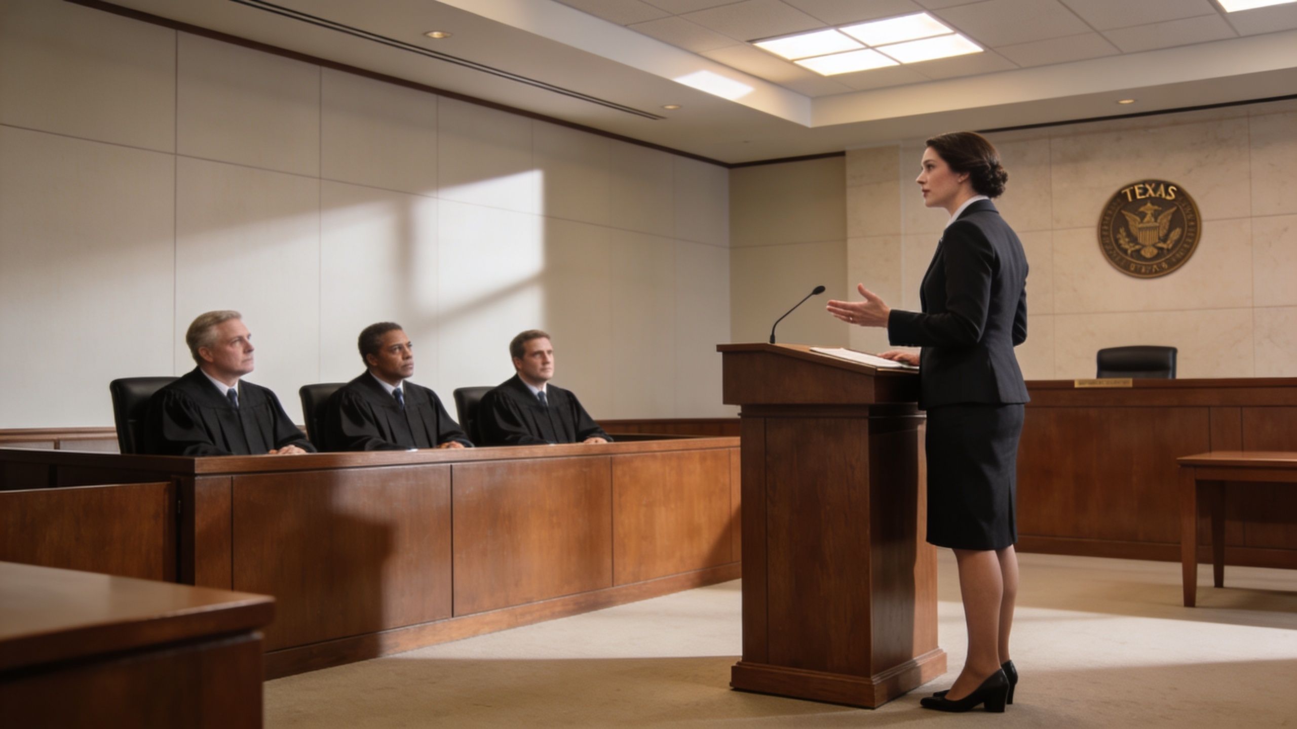 A female lawyer delivers an oral argument before a panel of three judges in a Texas courtroom.
