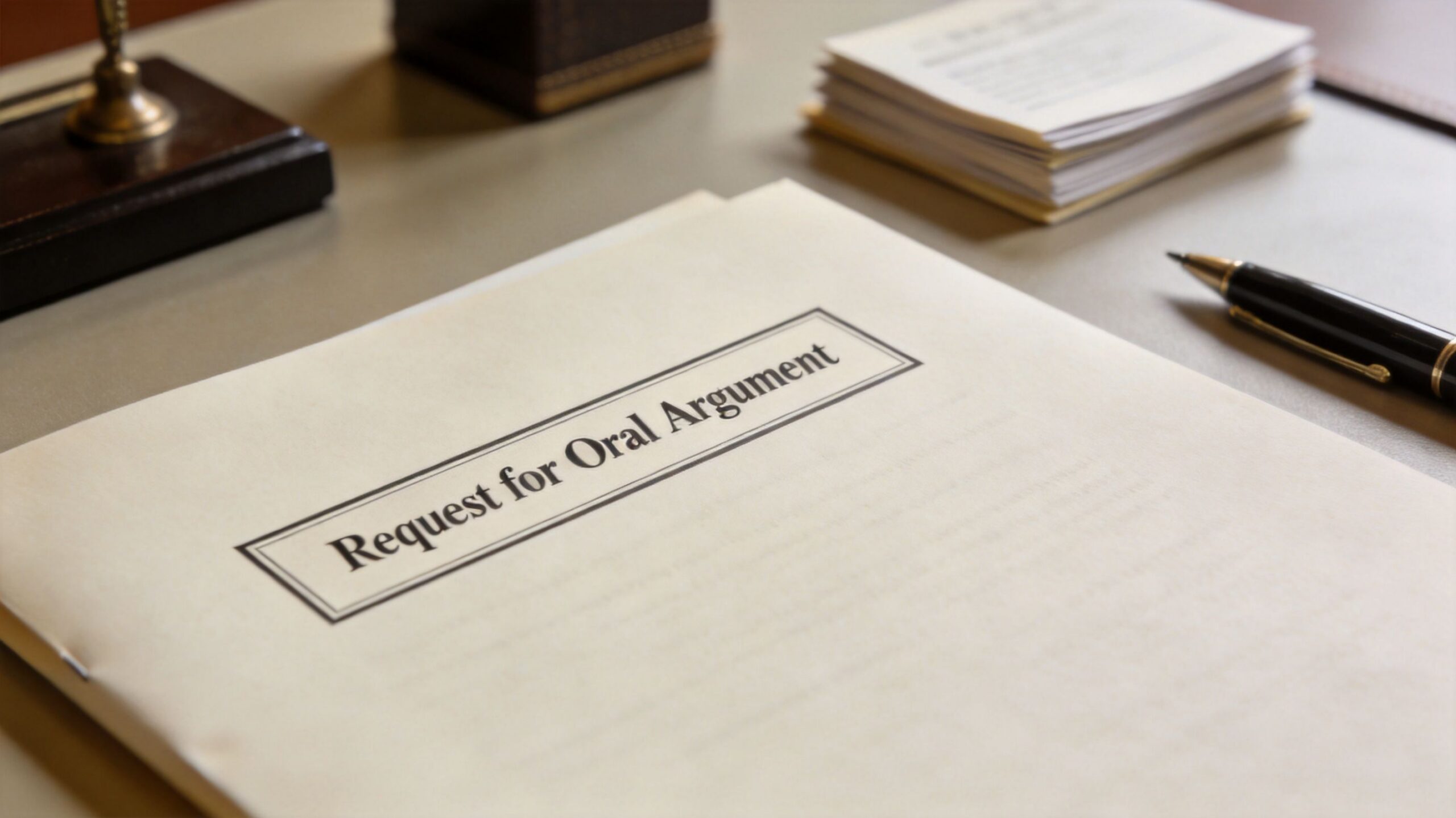 A document titled Request for Oral Argument sits on a desk next to a pen and notepad.