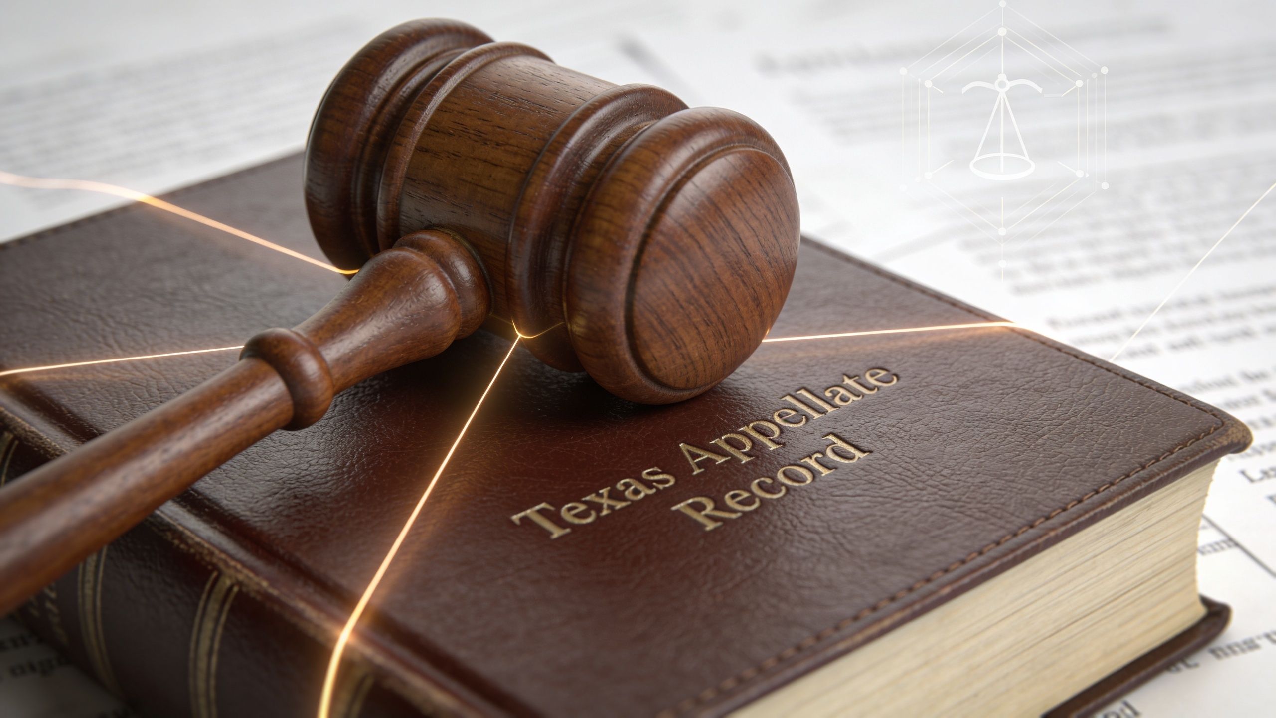 A wooden gavel resting on a leather-bound book titled Texas Appellate Record, symbolizing legal judicial proceedings.