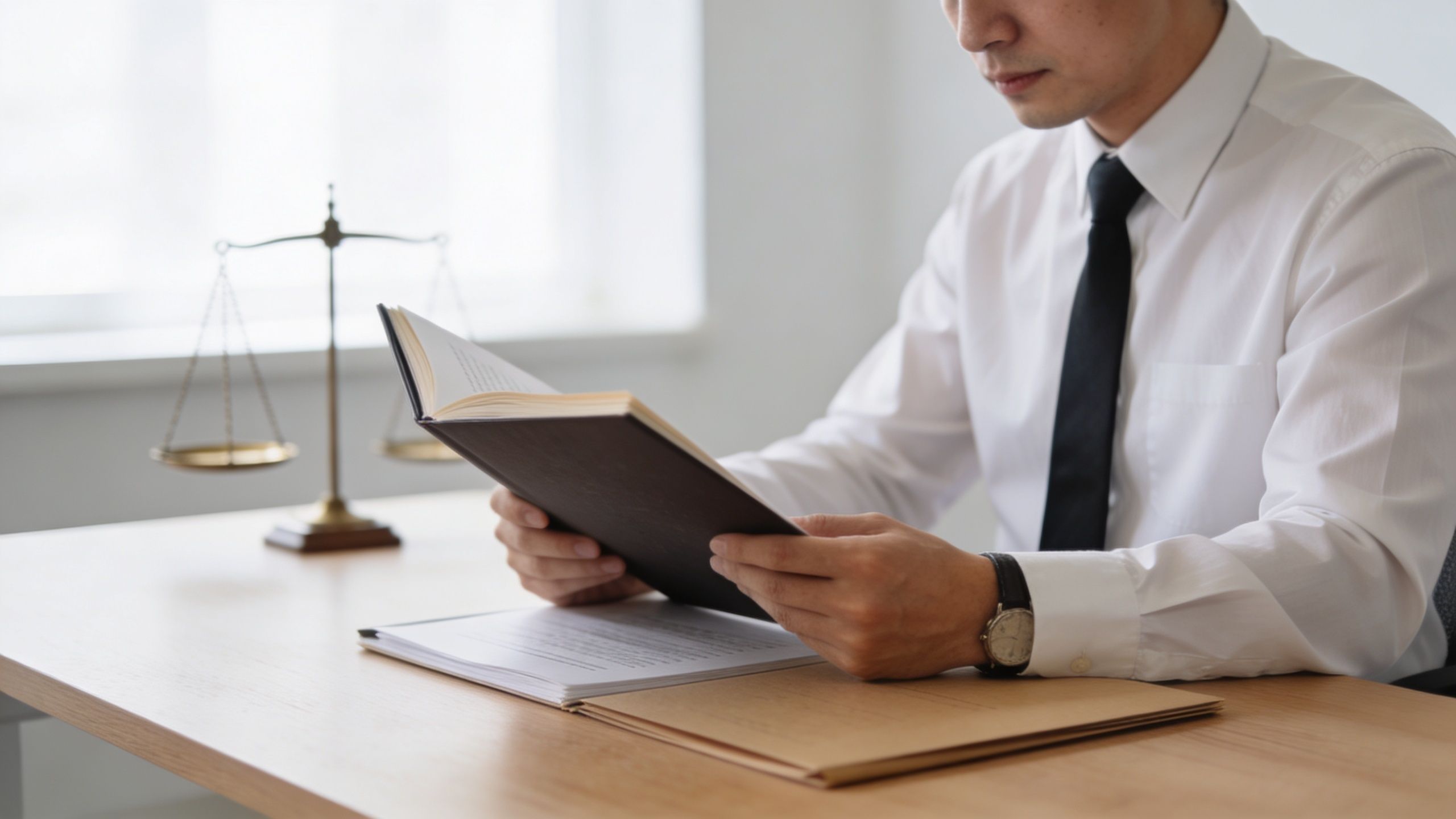 A professional lawyer wearing a white shirt and tie studying a law book at his wooden desk.