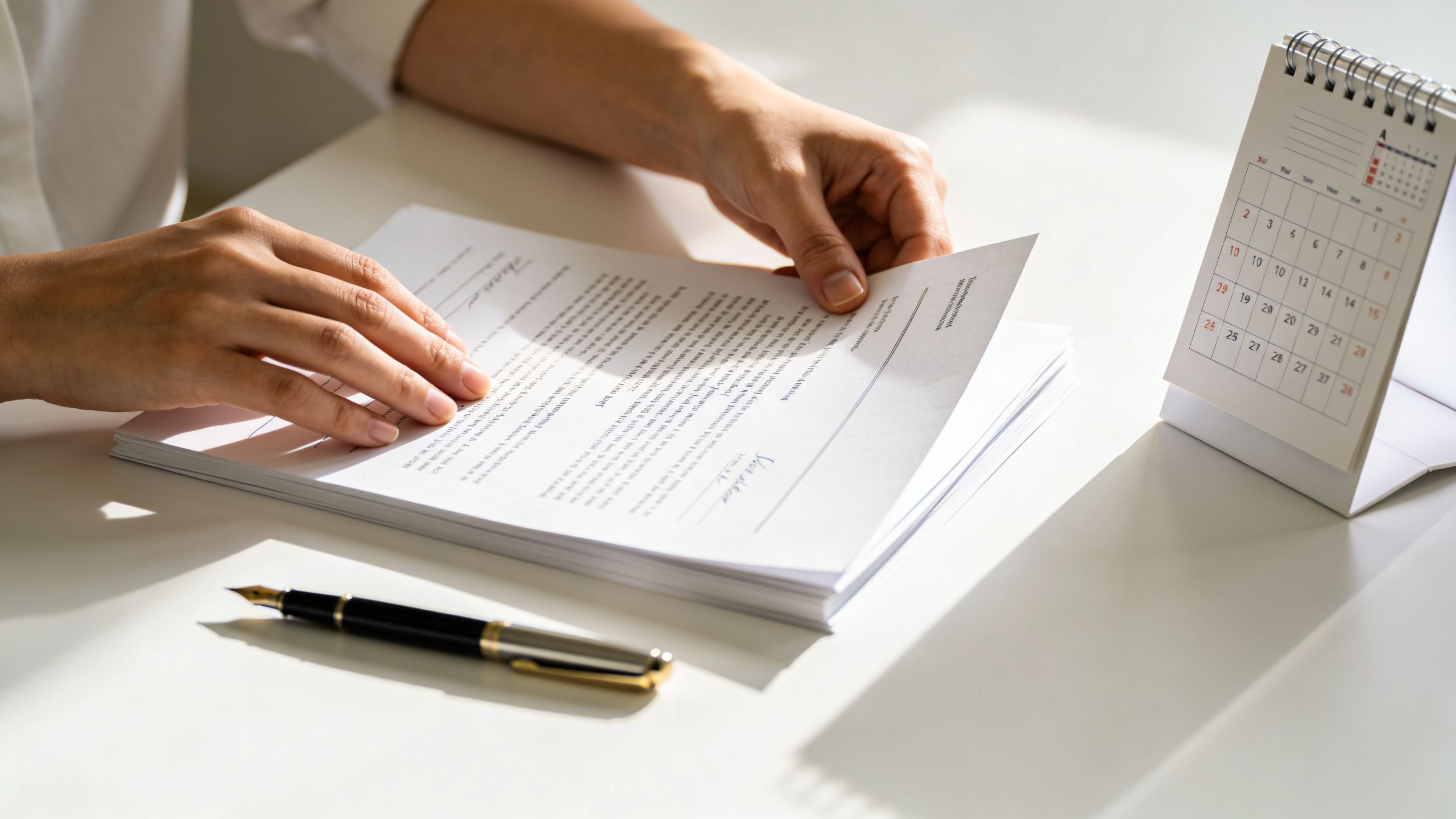 A person reviewing legal documents at a desk next to a calendar and a fountain pen.