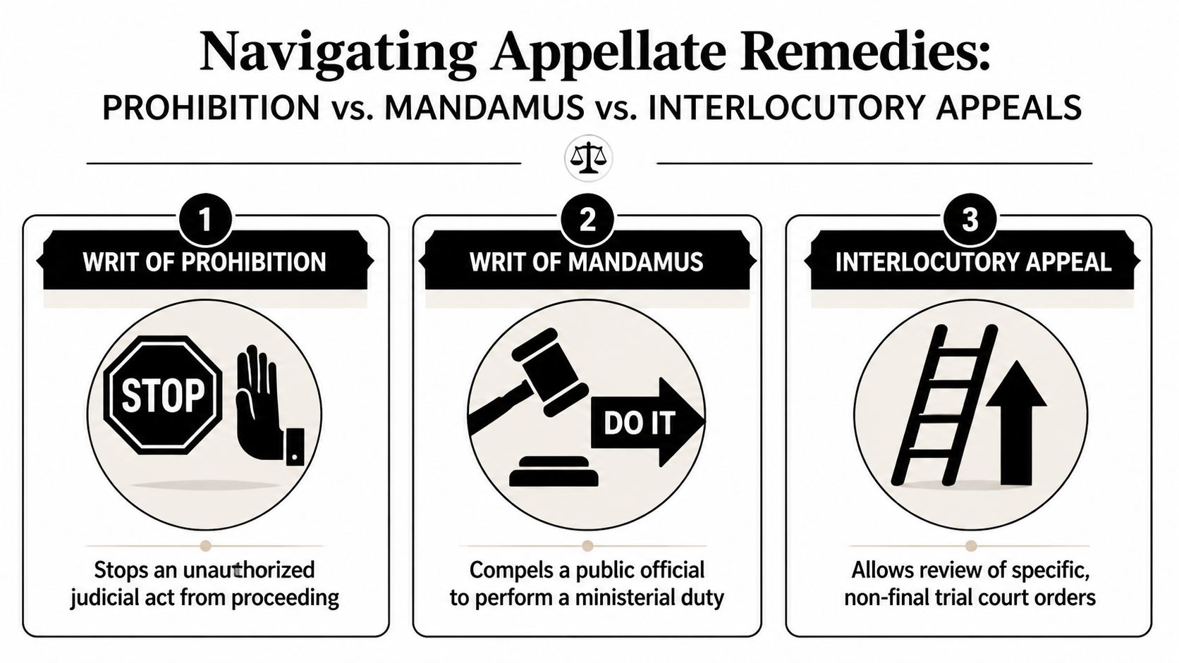 A visual guide explaining the differences between a Writ of Prohibition, Writ of Mandamus, and Interlocutory Appeal.