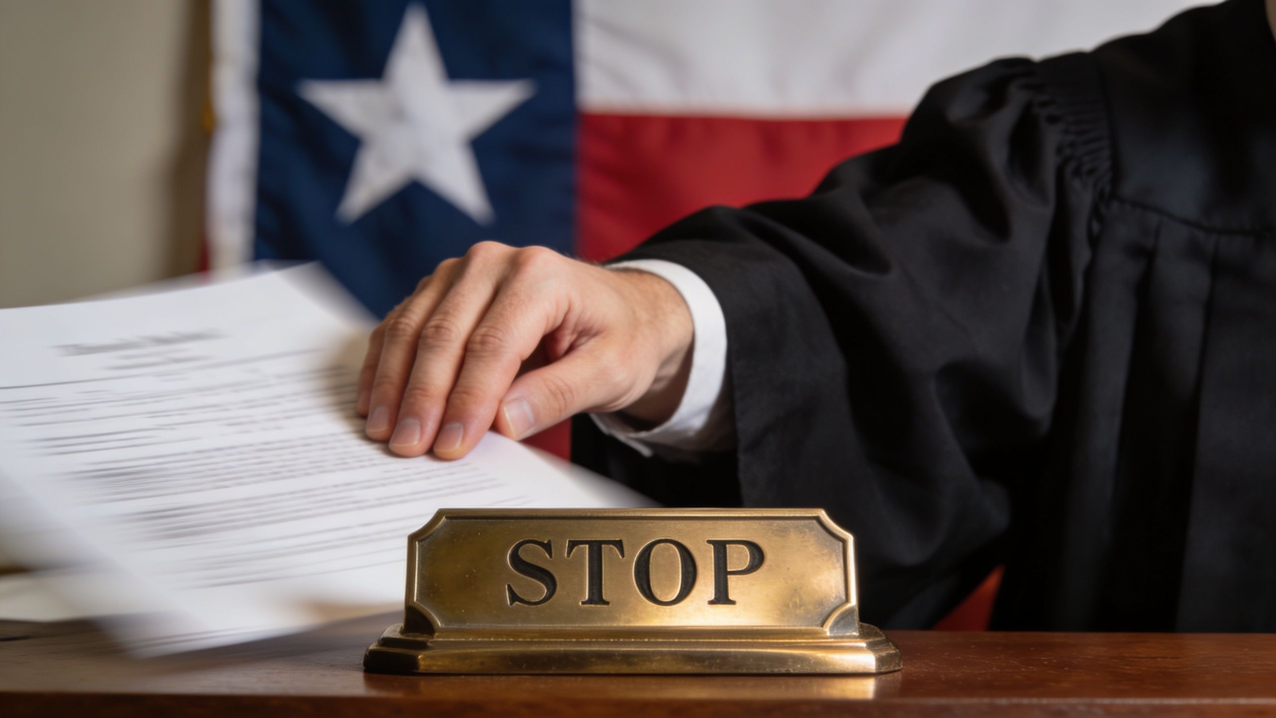 A judge in a black robe places a hand on papers in front of a Texas flag.