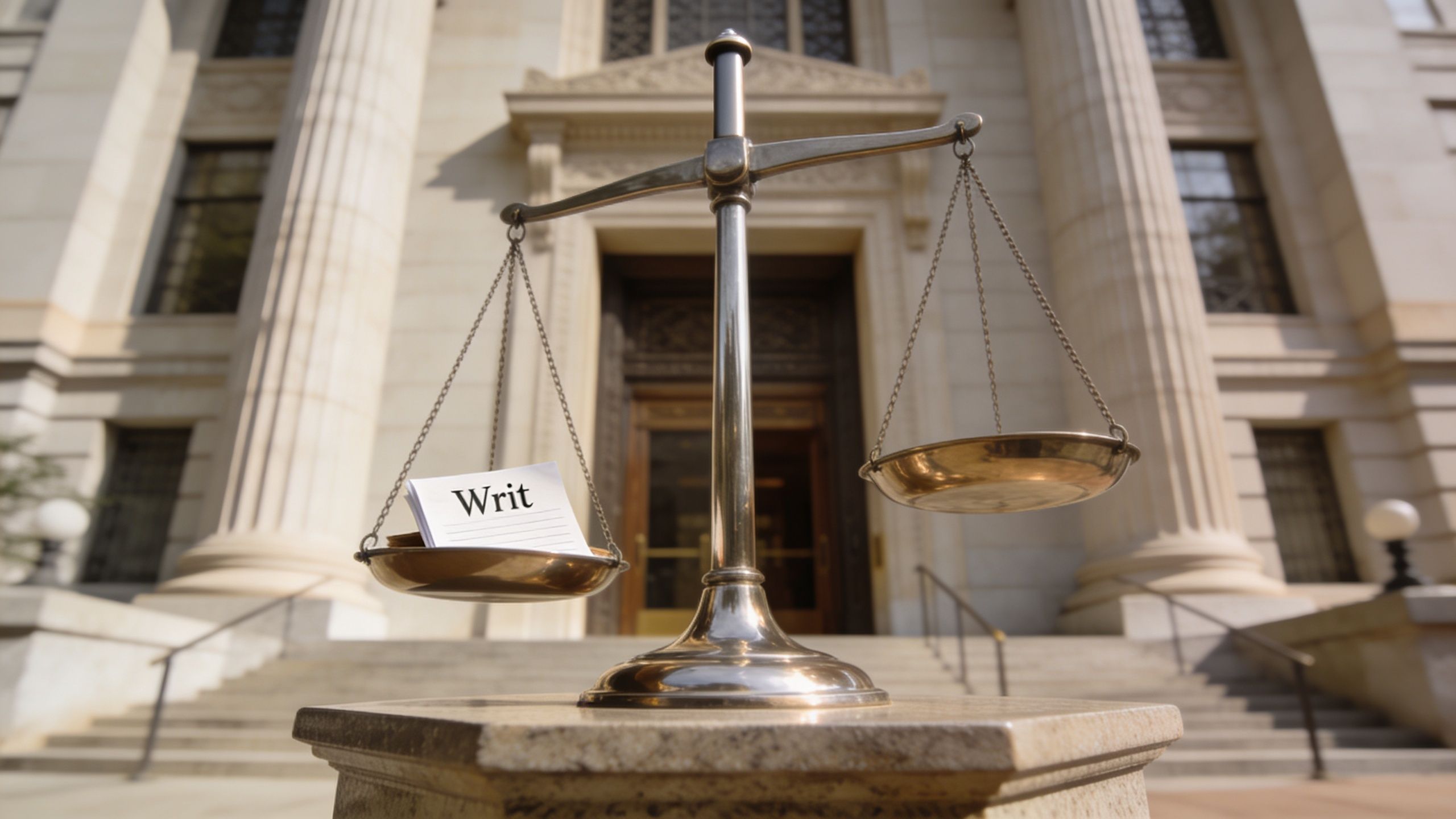 A metallic scale of justice sits on a pedestal in front of a classical courthouse building with a writ.