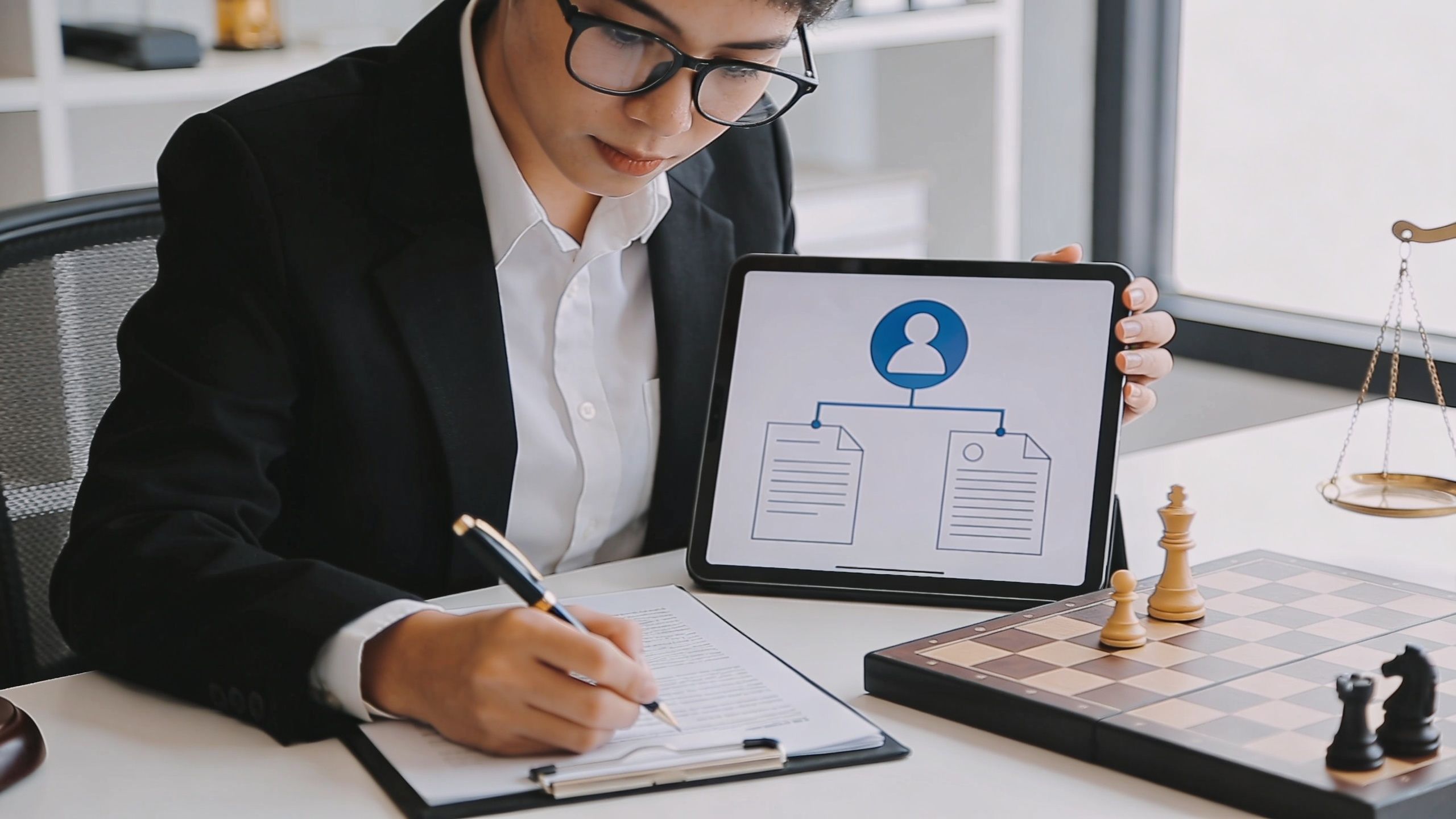 A professional lawyer sitting at a desk reviewing legal documents while showing a diagram on a tablet.