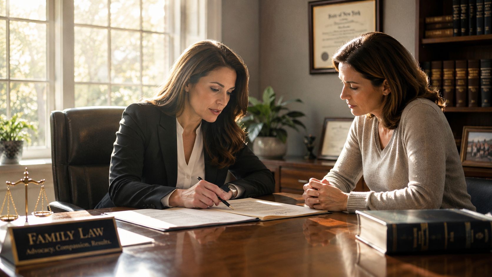 A professional family law attorney reviews legal documents with a client in a sunlit law office.