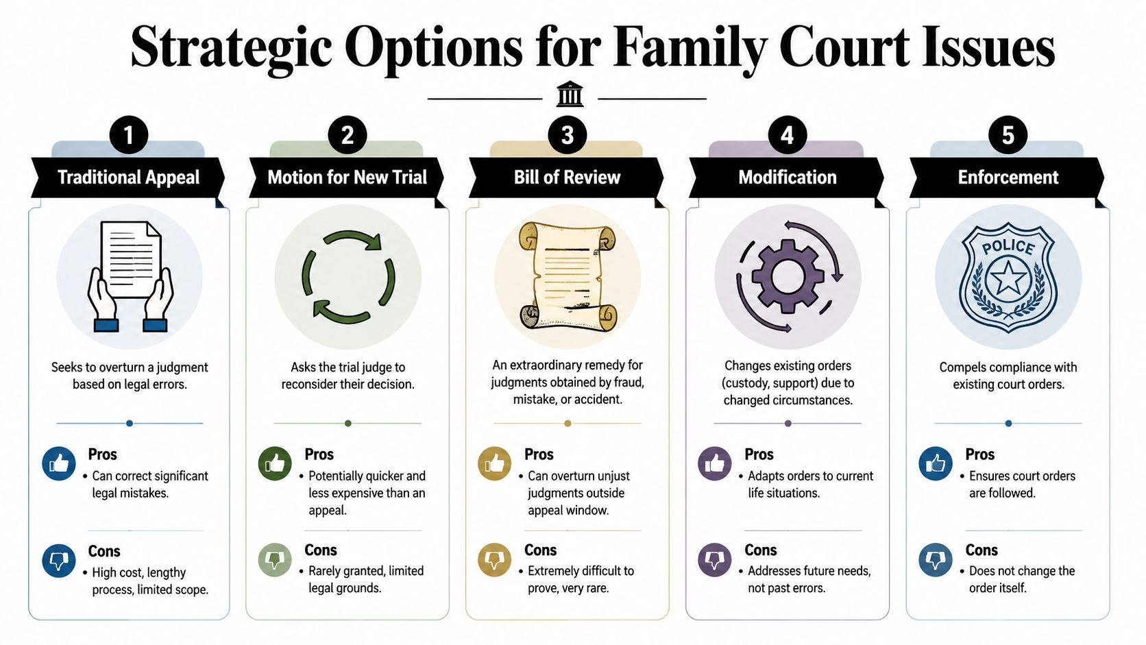 A strategic infographic outlining five legal options for managing family court issues, including appeals and modifications.