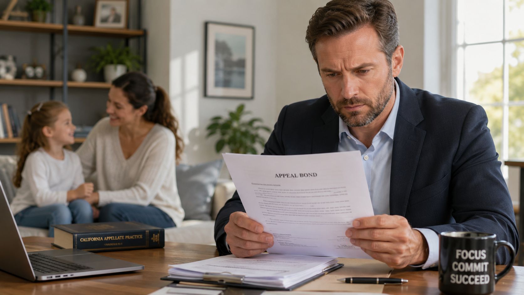 A focused lawyer in a suit reviews an appeal bond document while his family sits in the background.