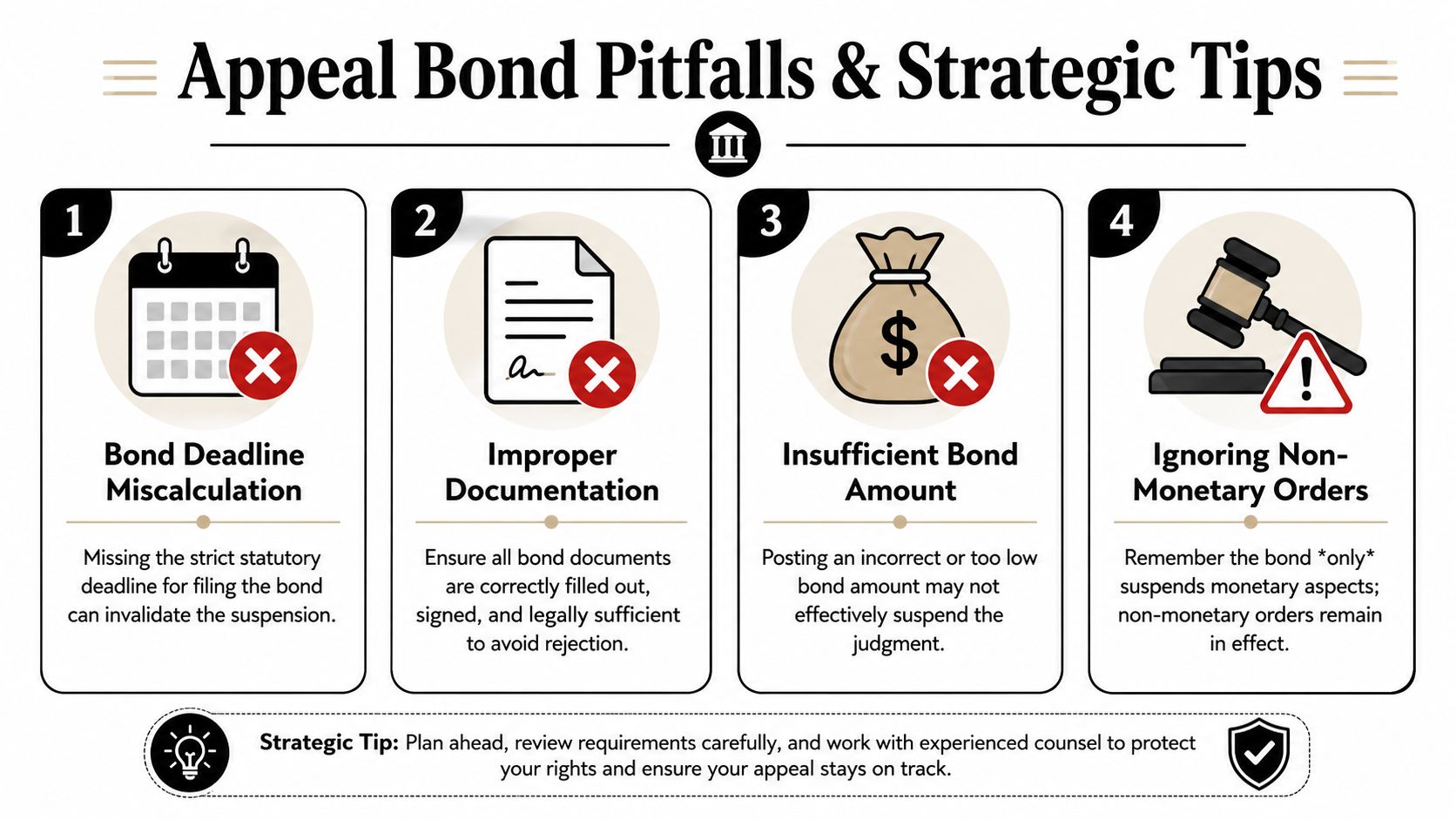 An infographic detailing four common pitfalls to avoid when filing an appeal bond in legal cases.