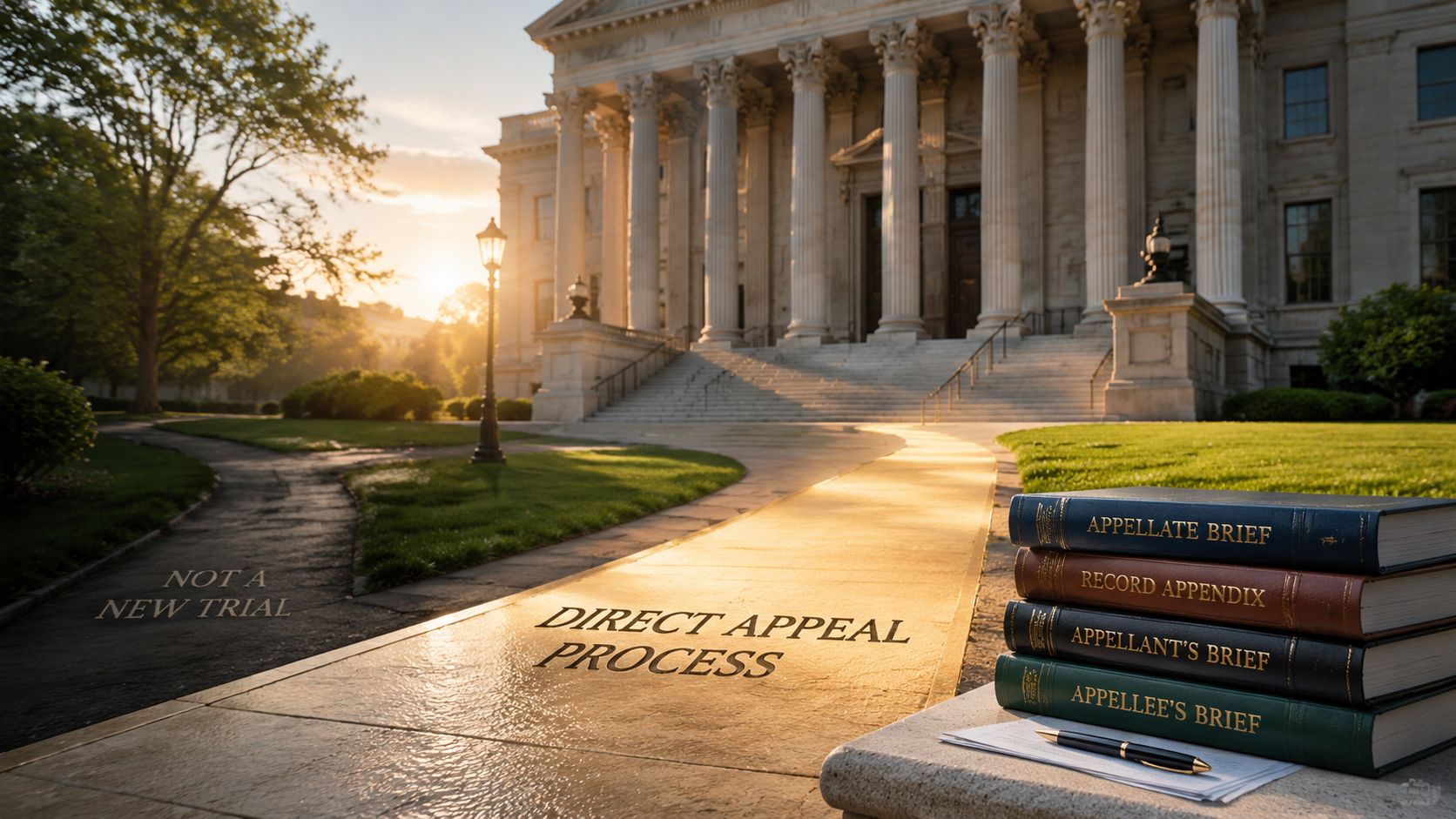 A path leading to a courthouse with books representing the legal direct appeal process on a bench.
