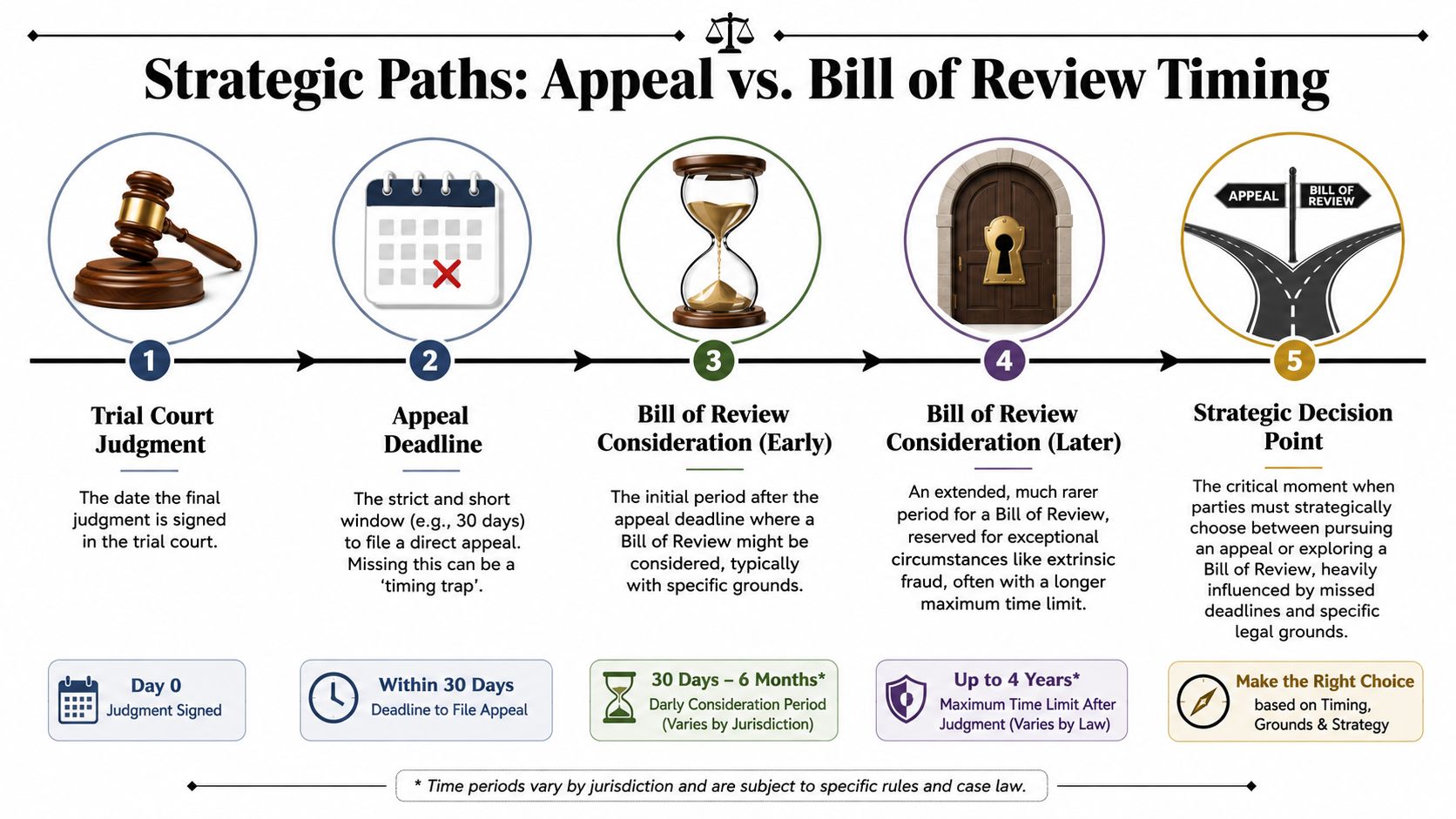 A visual flowchart comparing the strategic timing differences between filing an appeal versus a bill of review.