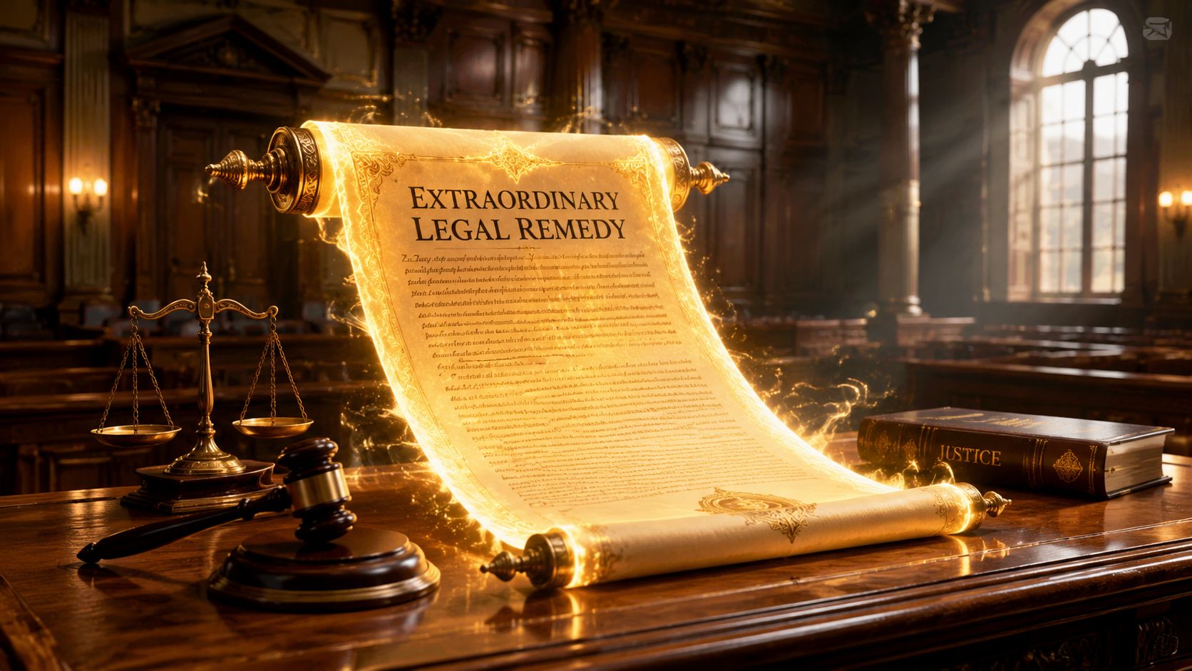 A glowing, magical legal document titled Extraordinary Legal Remedy sits on a courtroom desk with a gavel.
