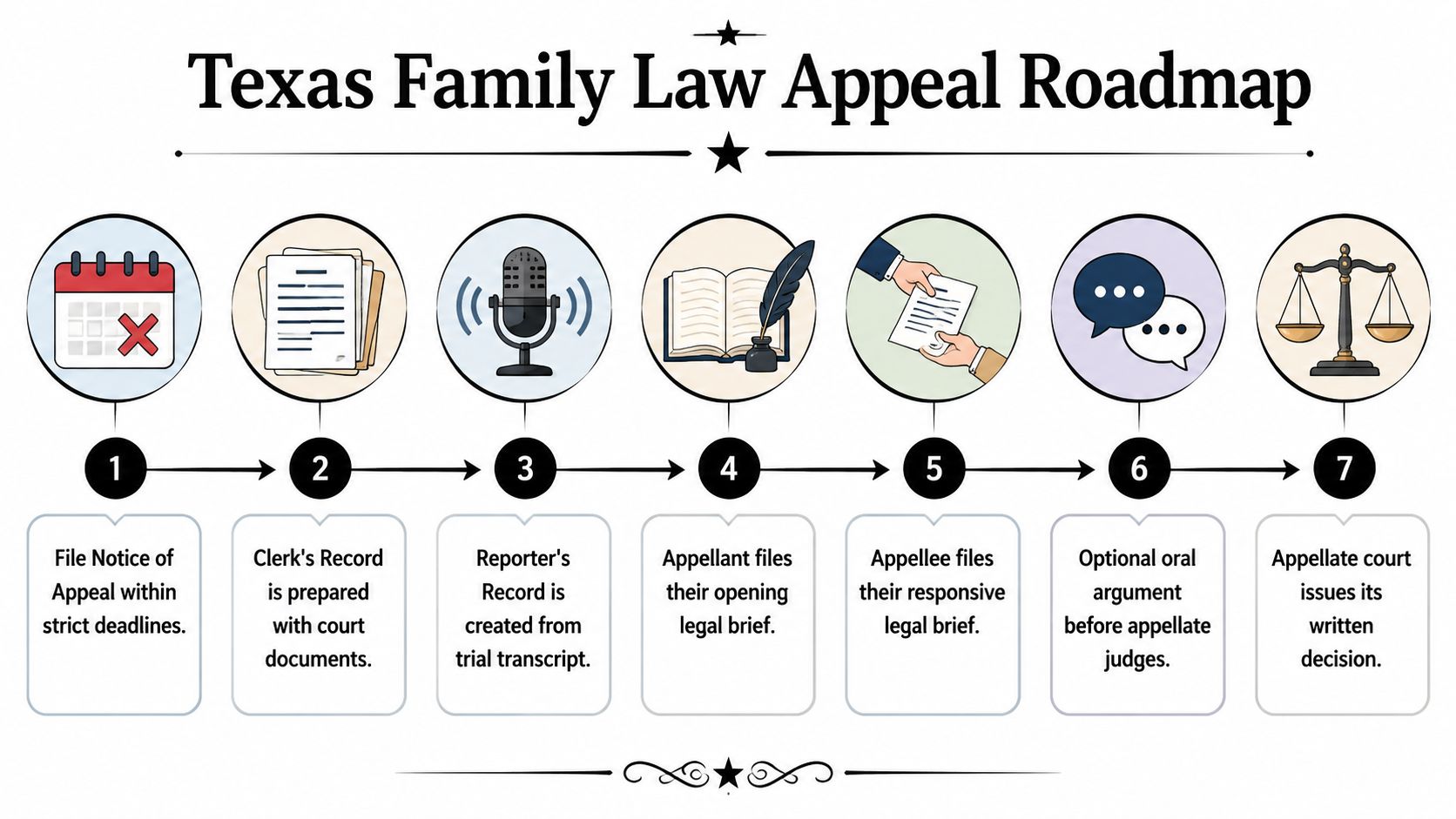 A visual roadmap showing the seven sequential steps involved in the Texas family law appeal process.