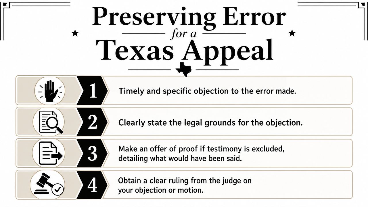 A four-step guide on how to preserve error for a legal appeal in Texas courts.