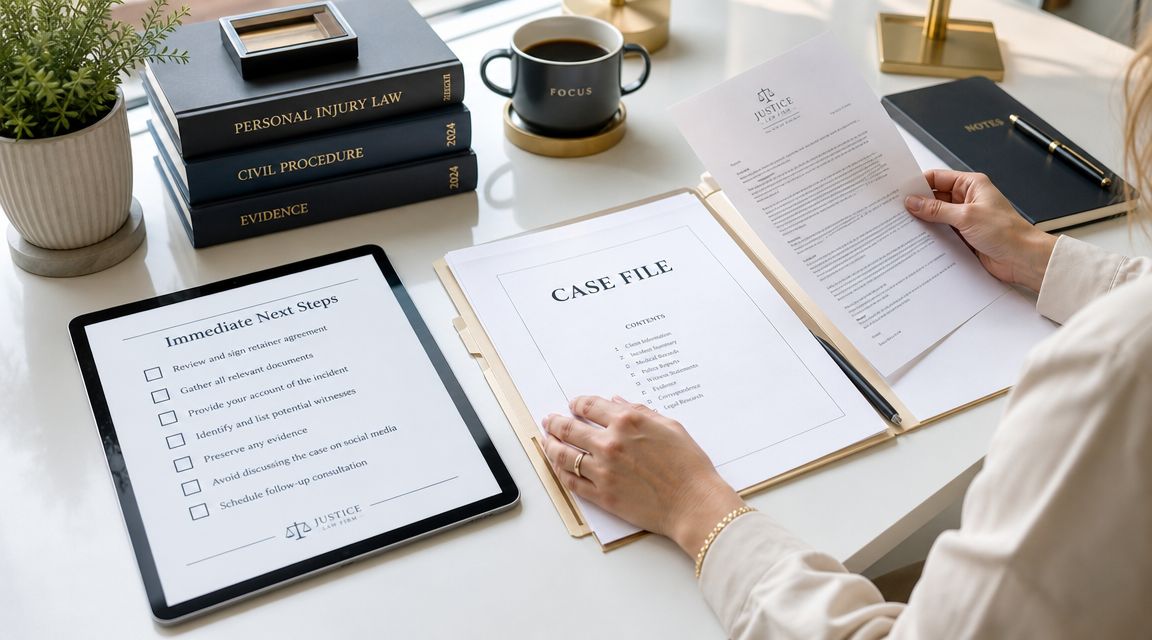 A professional desk workspace featuring a tablet displaying legal next steps and a person reviewing a case file.