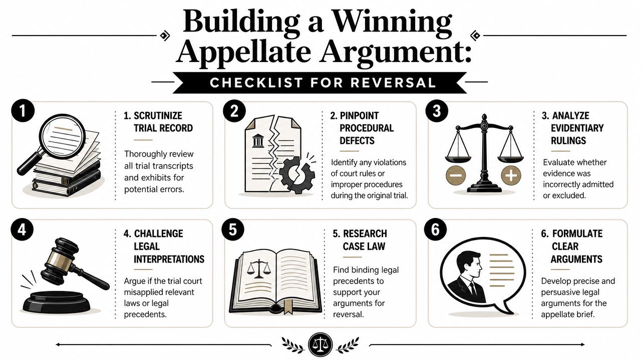 An infographic titled Building a Winning Appellate Argument showing a six-step checklist for lawyers seeking reversal.