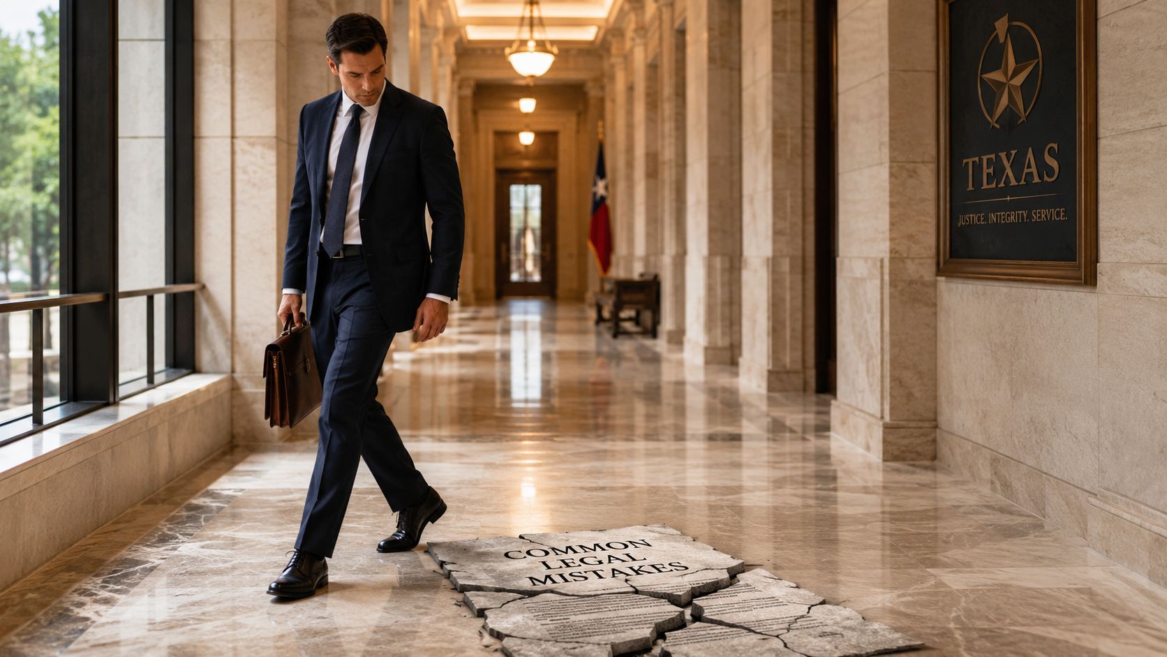 A professional in a suit walking past a cracked floor symbol representing common legal mistakes in Texas.