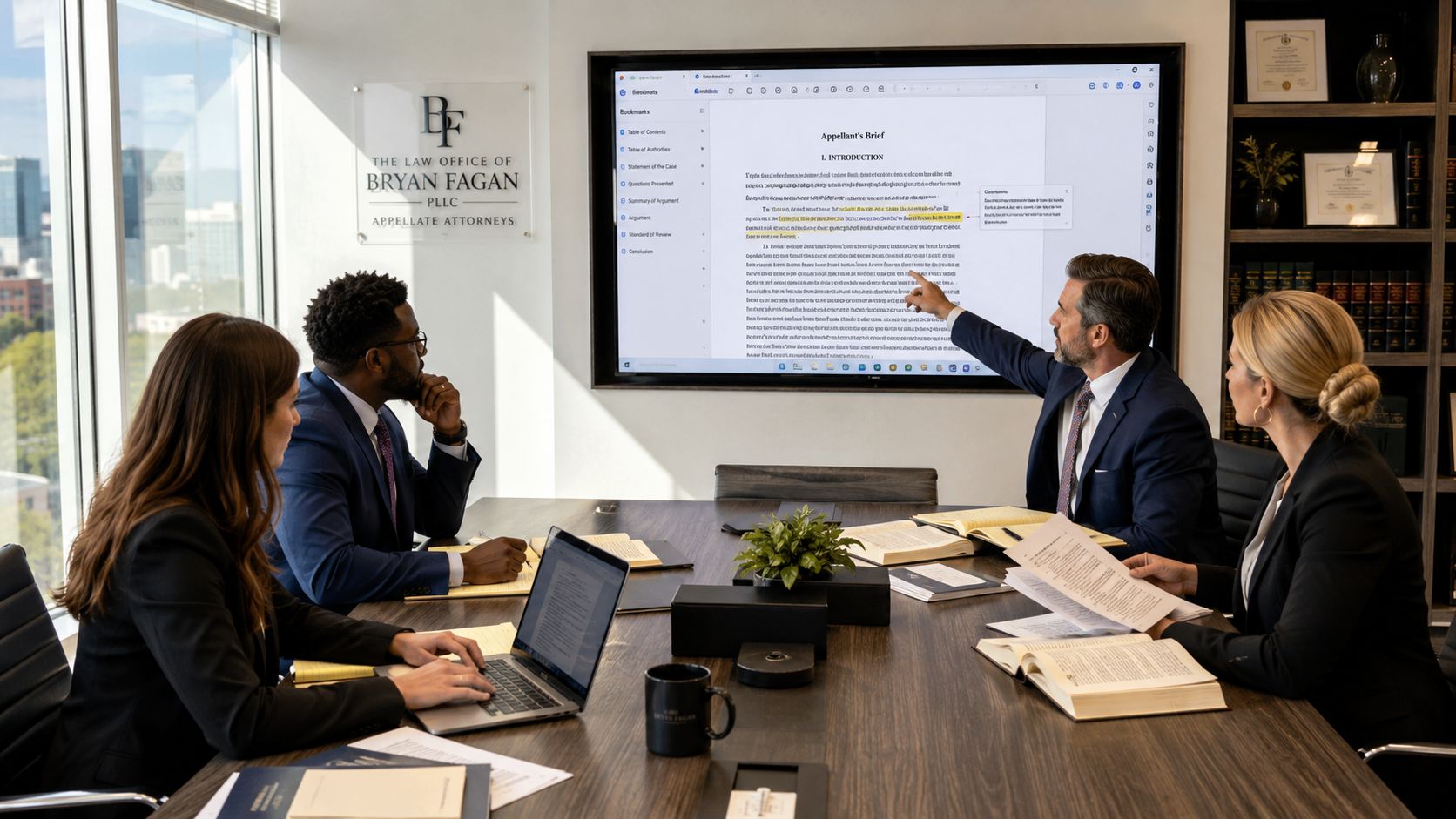 A group of appellate attorneys collaborating in a modern office meeting room reviewing documents on a screen.
